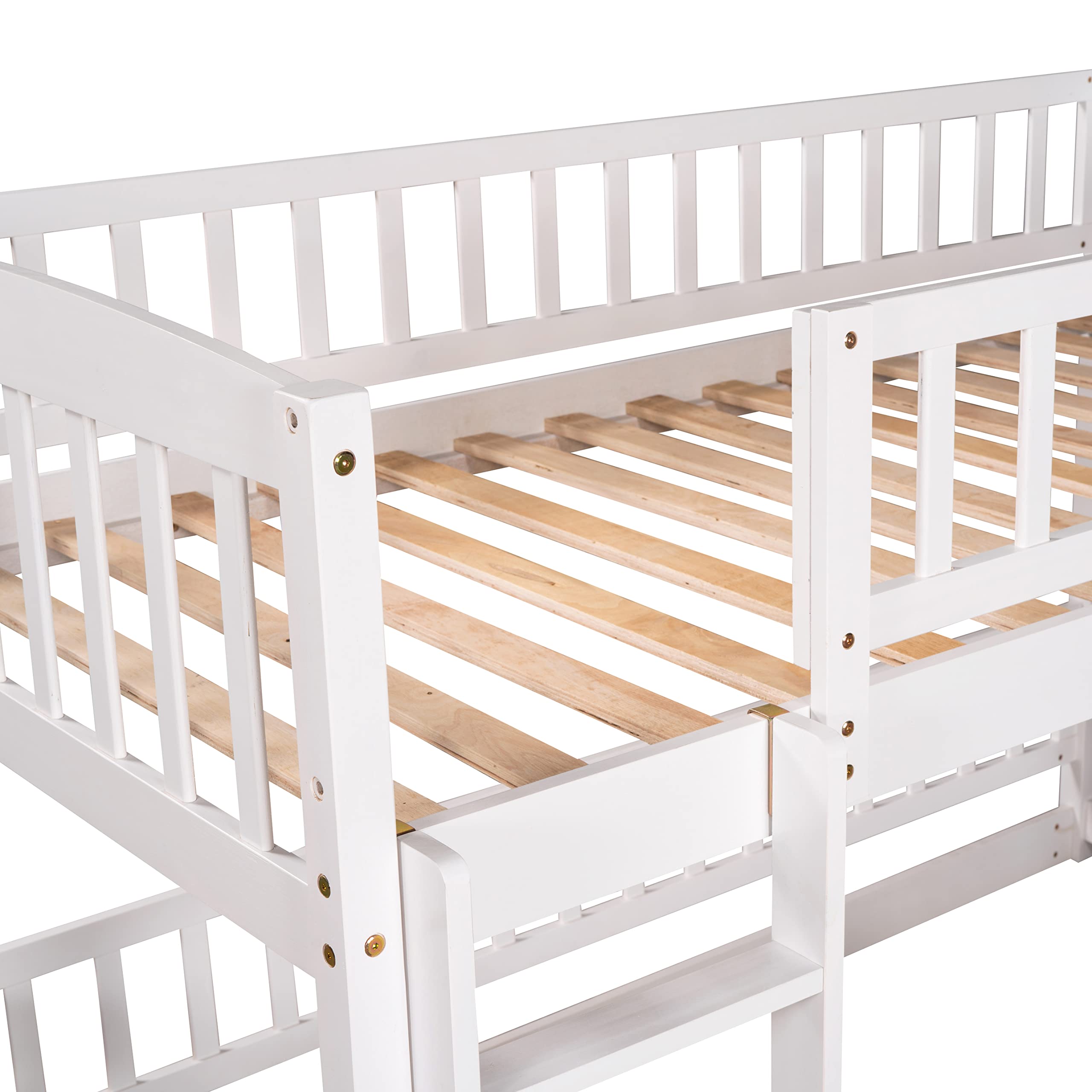 SOFTSEA Twin Over Twin Bunk Bed with Convertible Slide & Ladder - Wooden Low-Profile Bunk Bed Frame with Safety Guardrails, Fence & Door for Kids - Perfect for Small Bedrooms, Kids' Rooms & Sleepovers (White)