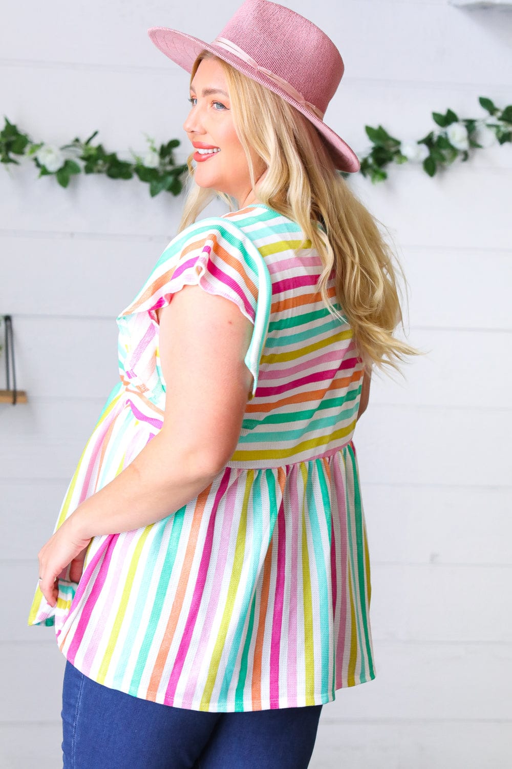 Lavender Rainbow Stripe Babydoll Top - Cute Flowy Summer Crop Top for Women, Perfect for Beach, Music Festivals & Date Nights