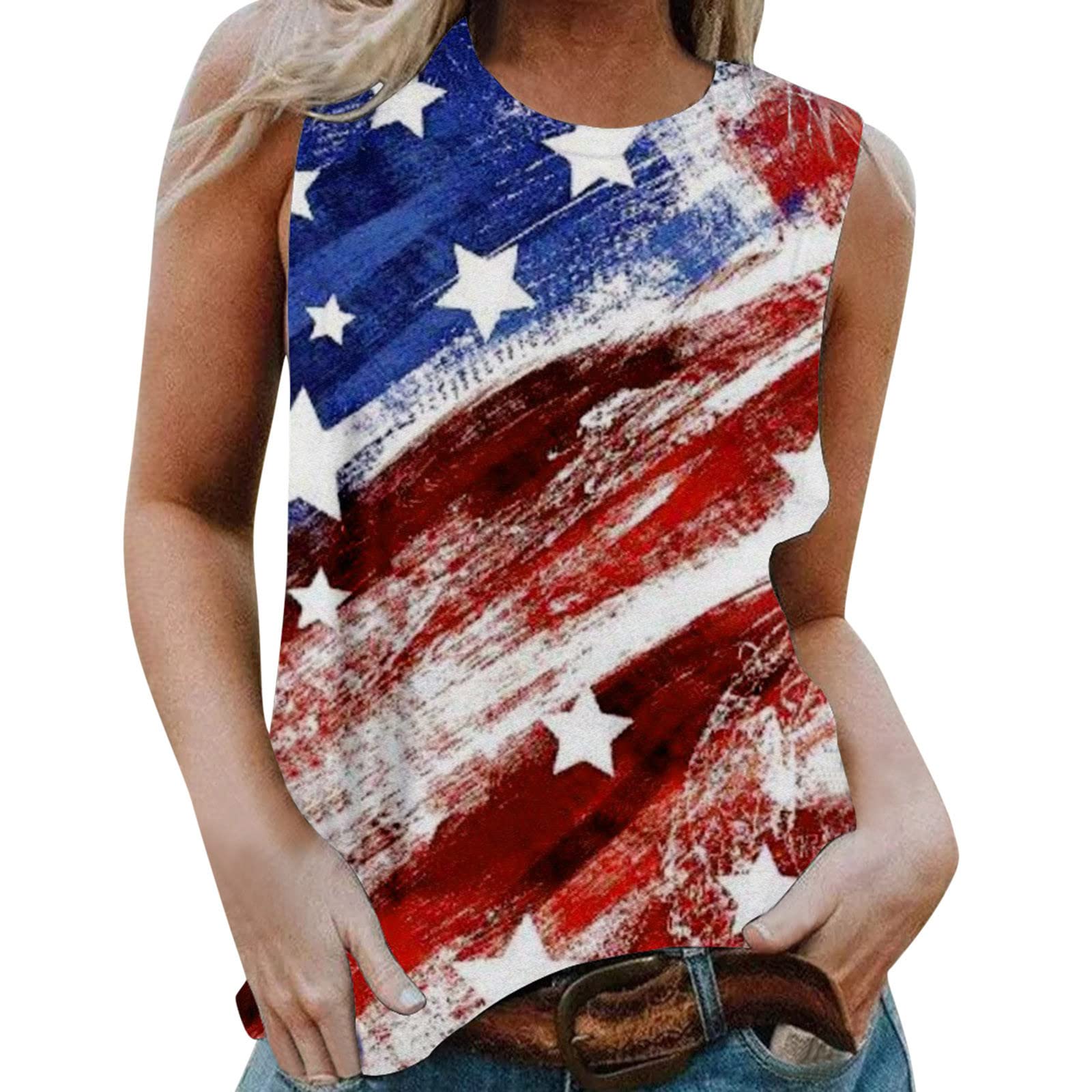 American Flag Star Print Women's Tank Top - Round Neck Sleeveless Pullover Camisole for Athletic Wear | Perfect for 4th of July, Gym & Summer Outfits