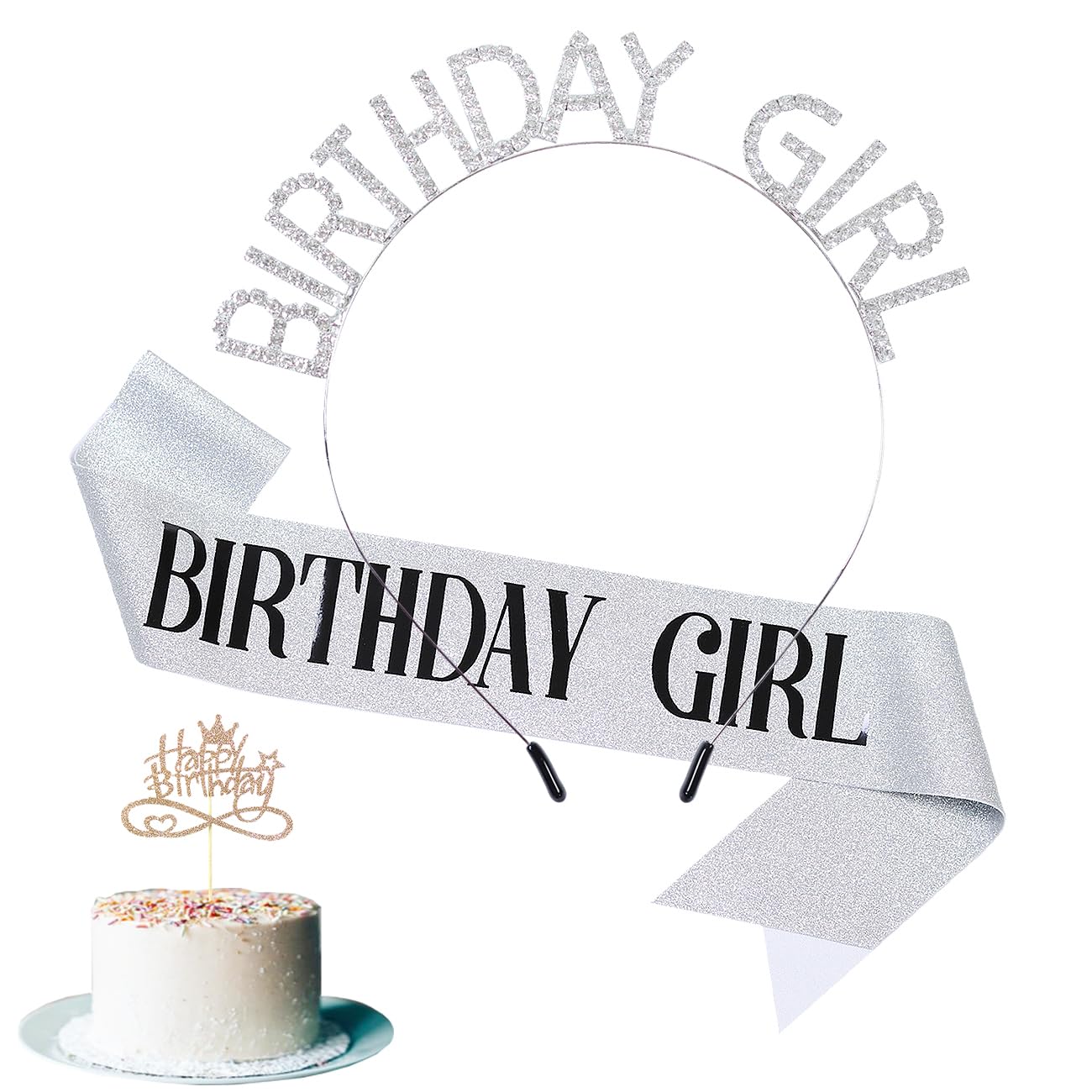 Silver Birthday Headband for Women & Girls - Elegant Birthday Girl Sash & Crown Set - Perfect Birthday Gift for Her - Happy Birthday Cake Topper - Party Decor Accessories - Ideal for Birthday Parties, Bridal Showers & Special Celebrations