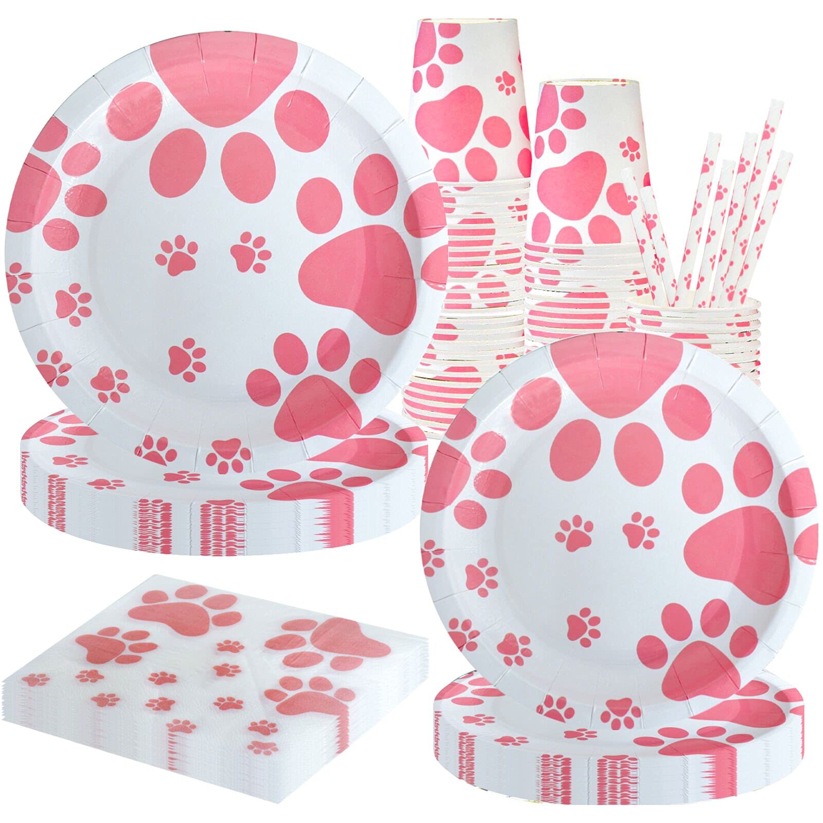Pink Dog Paw Prints Party Supplies Set - Includes Paper Plates, Cups, Napkins & Straws for Dog Birthday & Baby Shower Celebrations | Perfect for Puppy Themed Parties, Pet Lover Events & Cute Animal Decorations