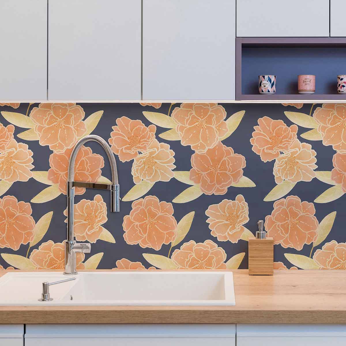 Orange Flower Peel and Stick Removable Wallpaper - Self-Adhesive Decorative Wall Covering for Bedroom, Living Room, Nursery - Easy to Install & Remove - 1002