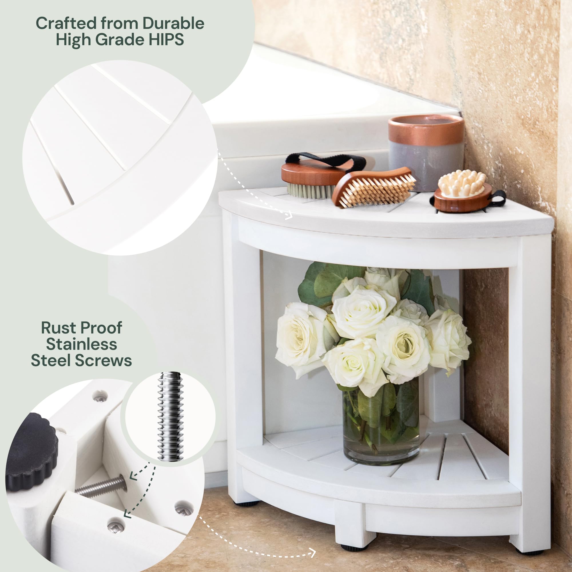 Waterproof Corner Shower Stool - White Non-Slip Shower Bench Seat for Elderly & Shaving Legs - Easy Assembly Bathroom Organizer with Shelf - Ideal for Small Spaces & Accessible Showers