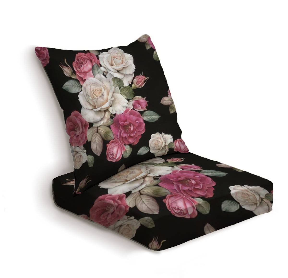 ONENPENRI 2-Piece Outdoor Deep Seat Cushion Set - Floral Watercolor Roses Design, Thick Patio Furniture Replacement Cushions for Lounge Chairs, Conversation Sets - Perfect for Backyard, Deck, Poolside & Garden Relaxation