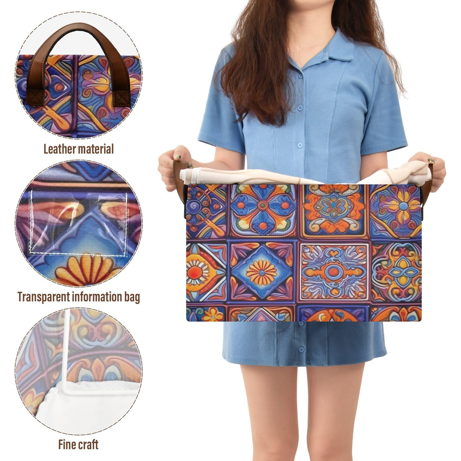 Emelivor Mexican Talavera Blue Storage Bins - Foldable Rectangular Organizer Baskets with Handles for Shelves, Nursery, Closet & Laundry | Perfect for Organizing Toys, Clothes & Home Decor