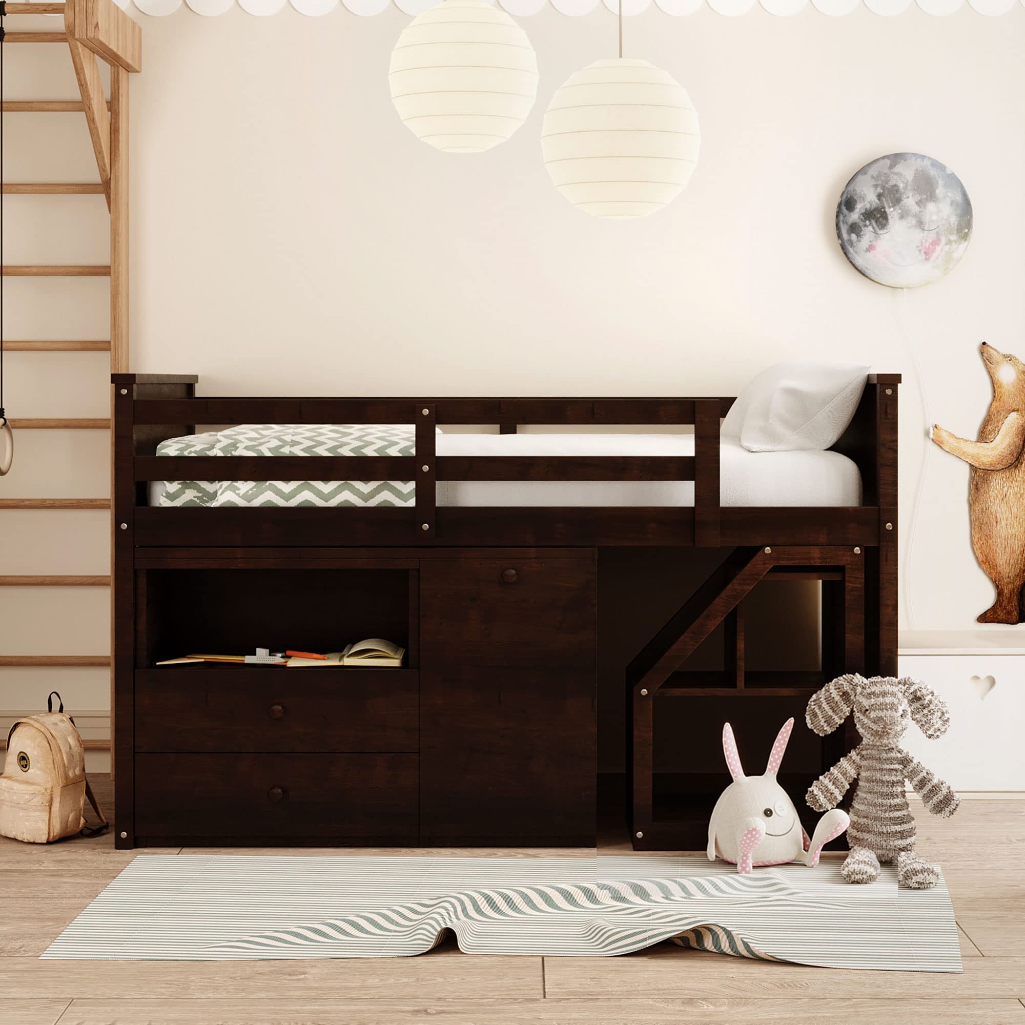 Twin Size Low Loft Bed with Staircase & Movable Desk - 5 Drawers, Sturdy Frame with Guardrails - Espresso Finish - Space-Saving Kids Bedroom Furniture for Small Rooms, Dorms & Apartments