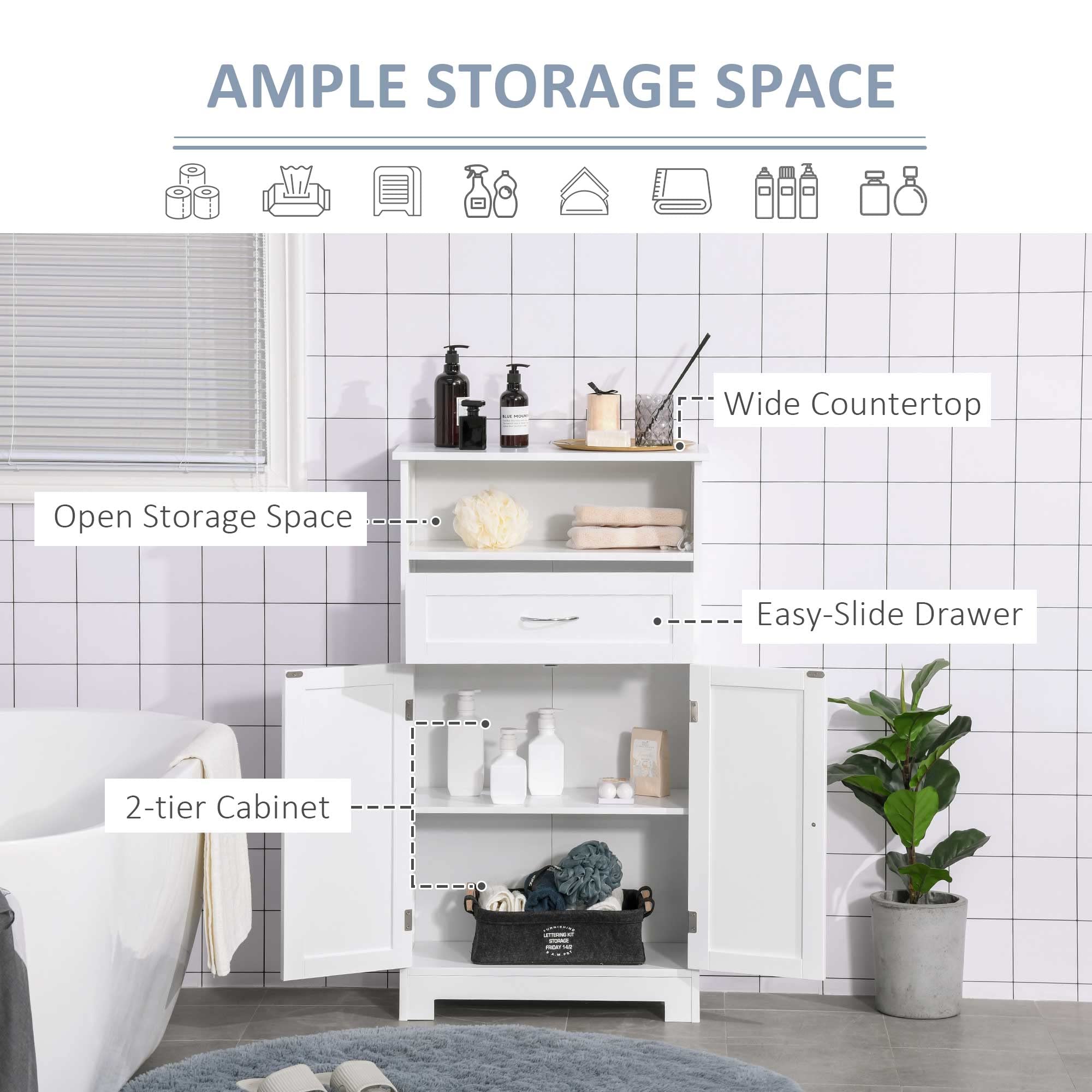 Kleankin Modern Bathroom Floor Cabinet - Free Standing Storage Organizer with Drawer & Adjustable Shelf, White - Perfect for Bathroom, Laundry Room & Bedroom Storage Organization