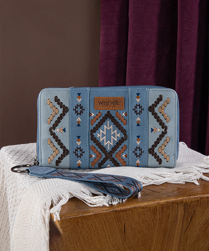 Wrangler Aztec Embroidered Whipstitch Wristlet - Stylish Leather Bracelet for Women - Perfect for Western Fashion, Boho Outfits & Festival Wear