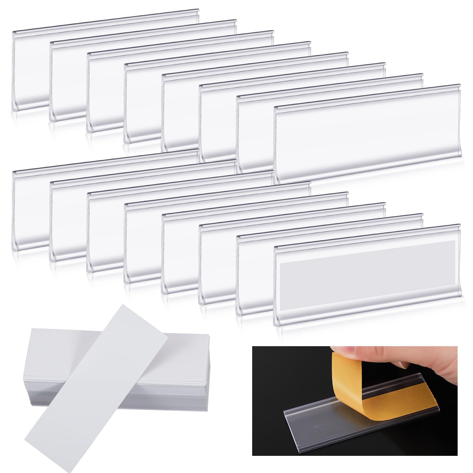 120 Pcs Clear Plastic Drawer & Shelf Labels - 3 x 1 Inch White Paper Tags with Label Holders for Storage Bins, Bookshelves, Mailboxes - Perfect for Home Organization & Office Filing Systems