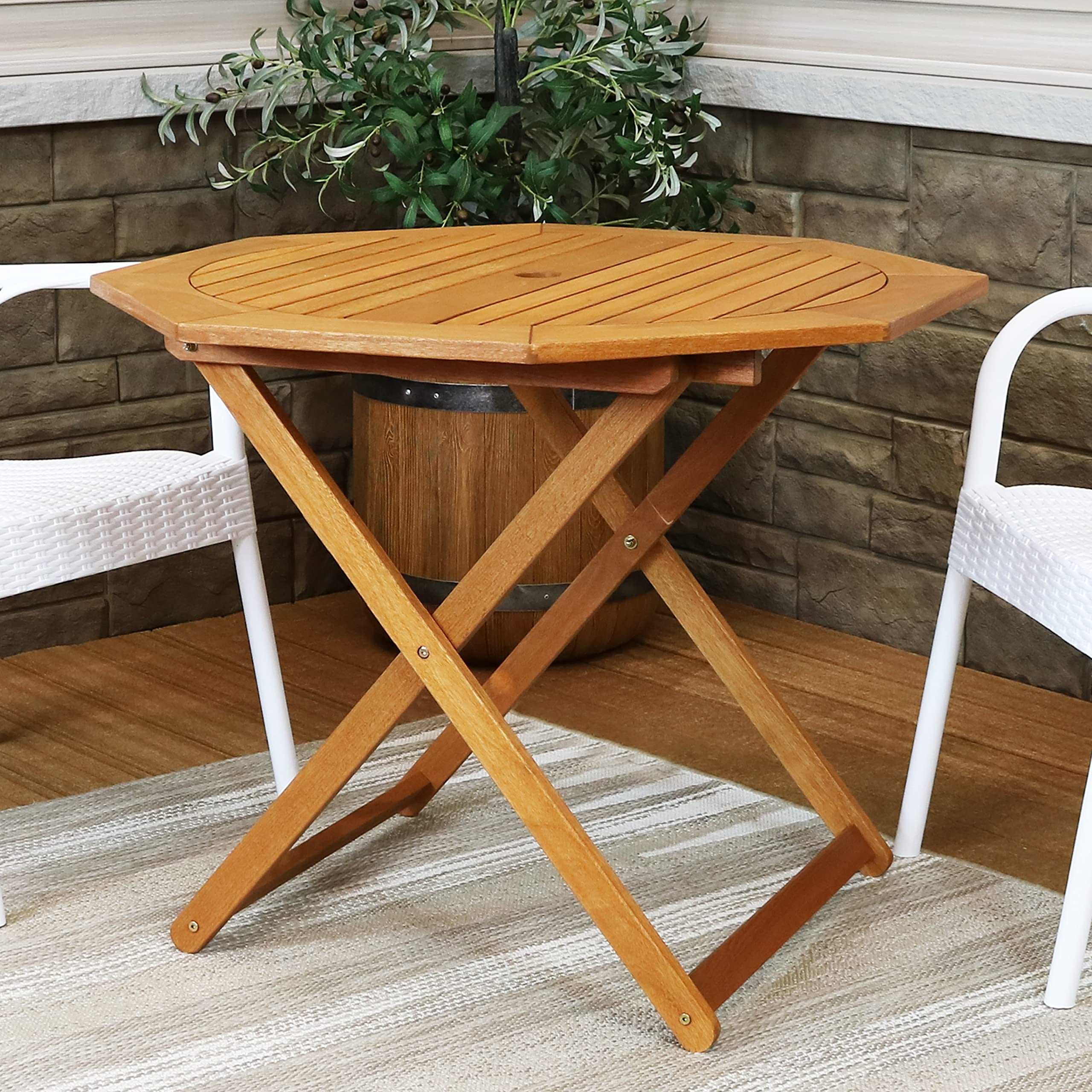 Sunnydaze Meranti Wood Octagon Outdoor Folding Patio Table - Teak Oil Finish - Perfect for Backyard, Garden, Poolside & Patio Dining