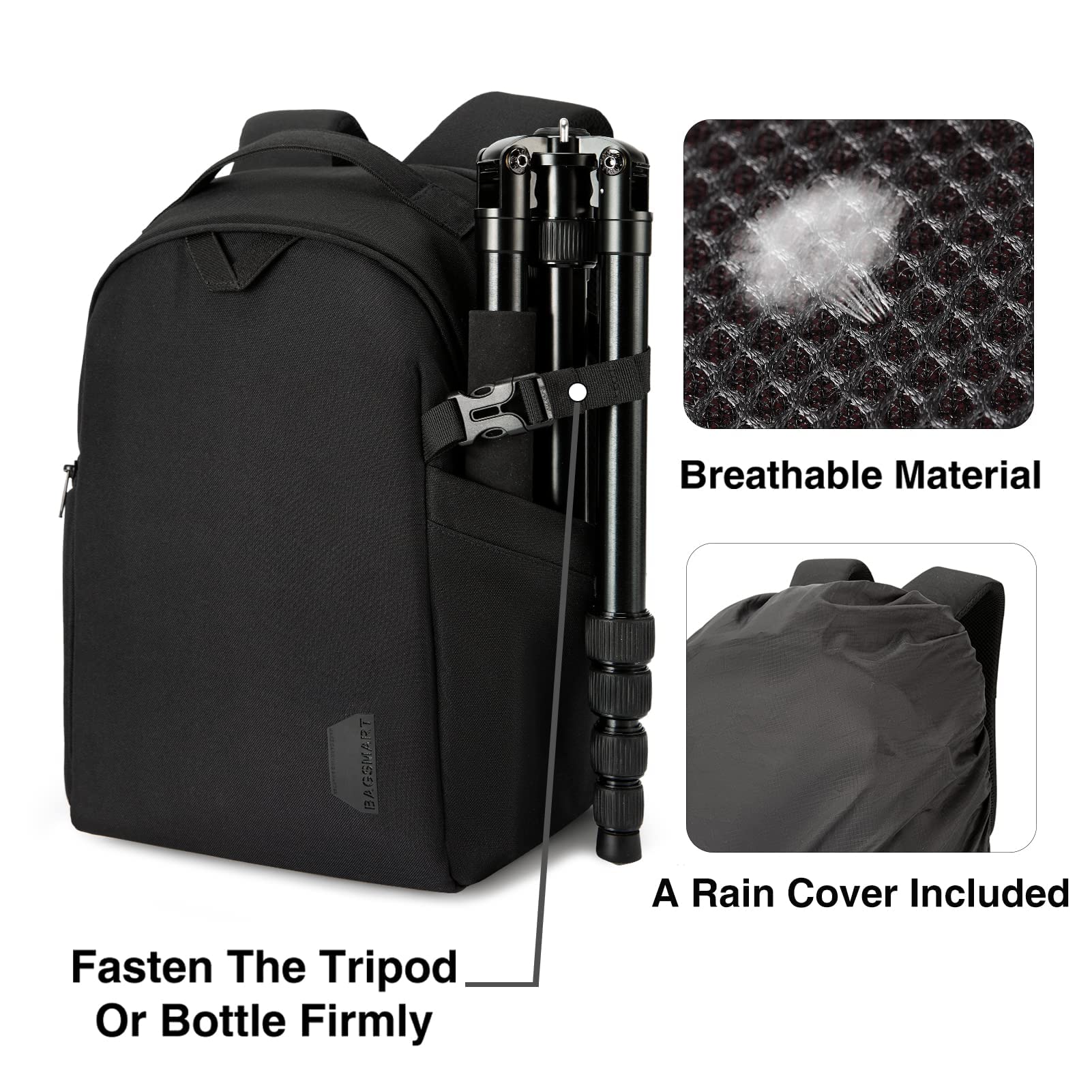 BAGSMART Waterproof DSLR SLR Camera Backpack with Tripod Holder & Rain Cover - Fits 13.3 Inch Laptop for Photographers (Black) | Perfect for Travel, Hiking & Outdoor Photography - Men & Women