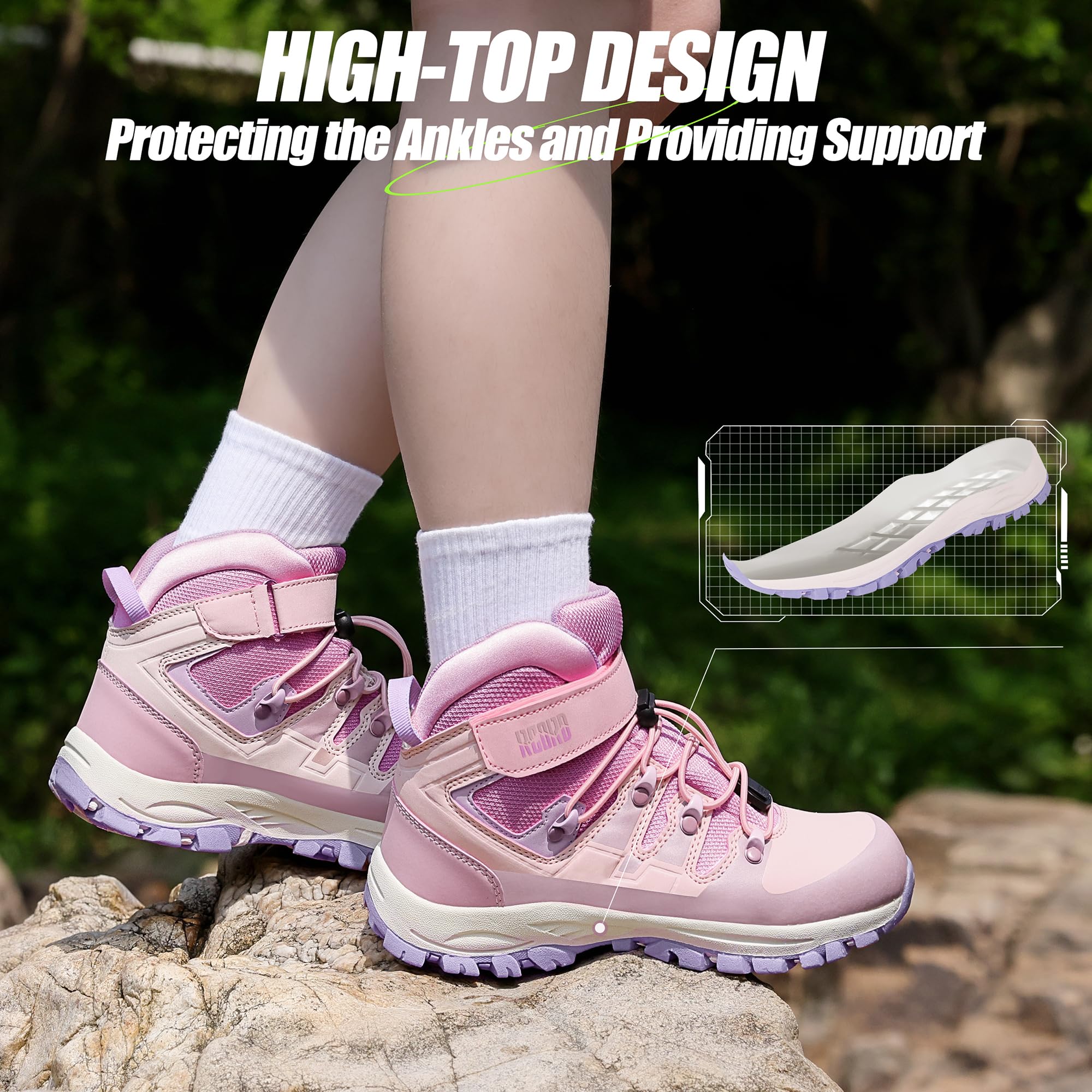 RCORD Kids Hiking Boots for Girls - Waterproof Outdoor Shoes with Durable TPR Traction & Anti-Slip Sole | Drawstring Closure Design | Perfect for Hiking, Camping & Outdoor Adventures