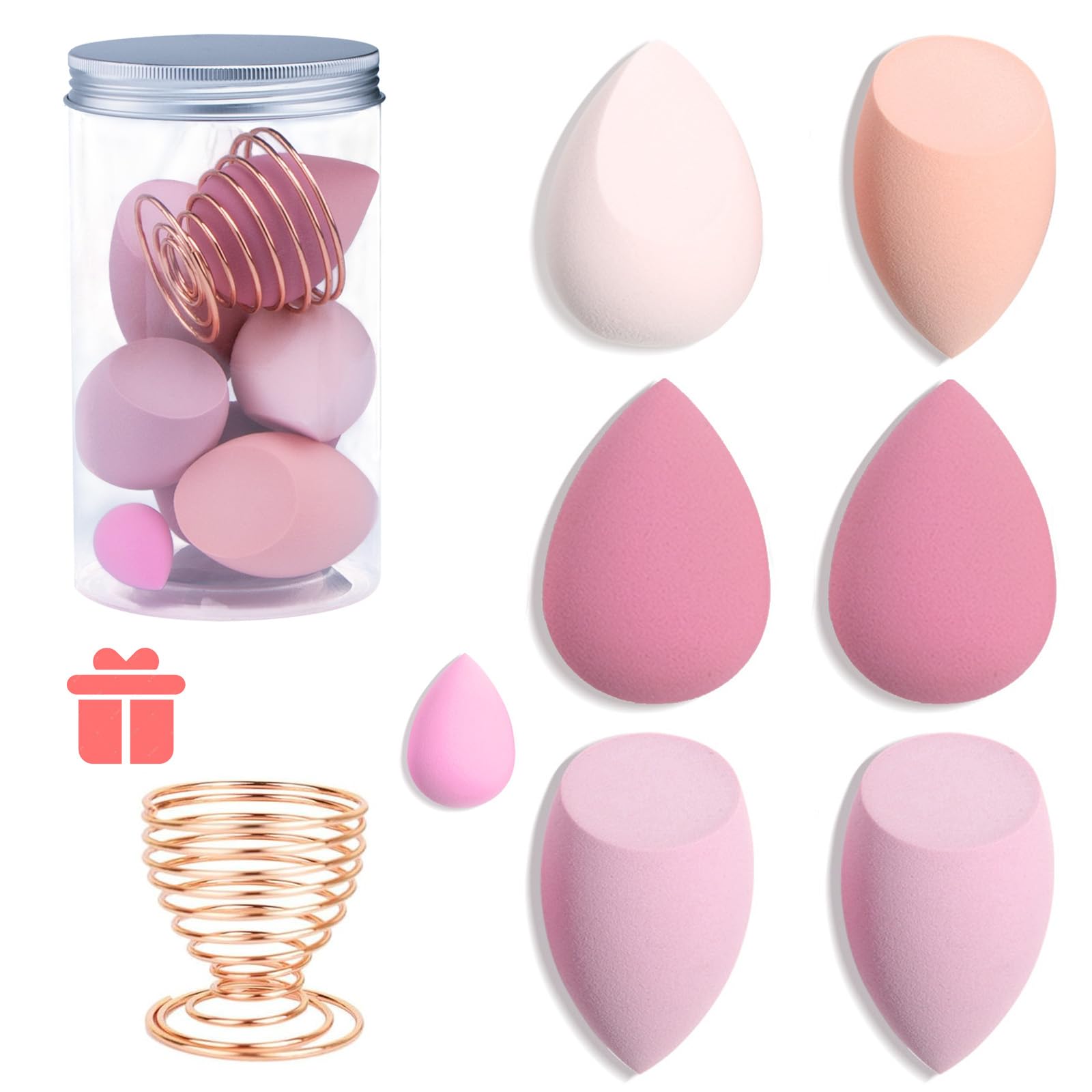 8Pcs Makeup Sponges Set - 7Pcs Beauty Blender Sponges & 1 Bottle with Metal Holder for Foundation, Cream & Powder (Pink, Can Packaging) | Perfect for Professional Makeup Application, Travel & Everyday Use