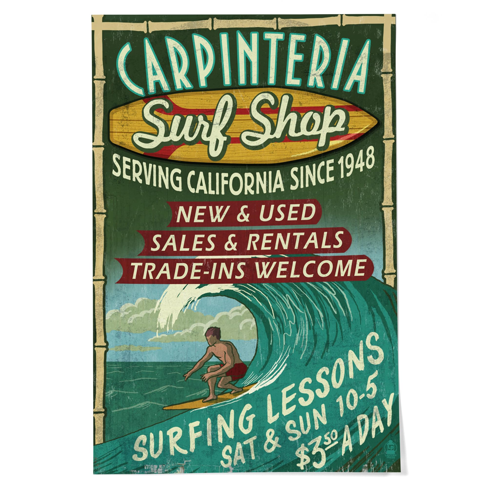 Vintage Surf Shop Sign Art Print - Lantern Press 24x36 Inch Giclee Wall Decor | Carpinteria California Beach Theme | Perfect for Coastal Home Decor, Surf Shack & Retro Office Wall Art