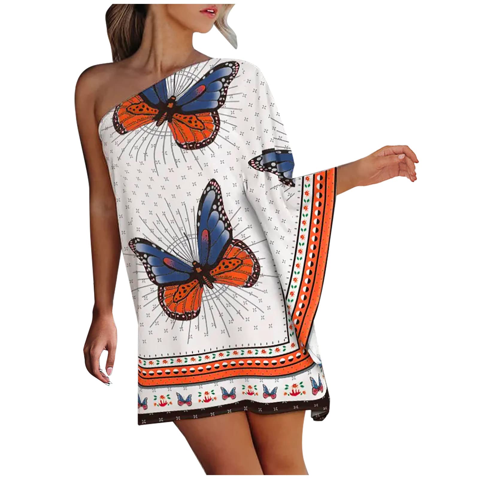 One Shoulder Summer Women's Sexy Loose Batwing Sleeve Mini Dress Plus Size Floral Short Dress - Wedding Guest Outfit, Beach Party, Date Night & Cocktail Attire