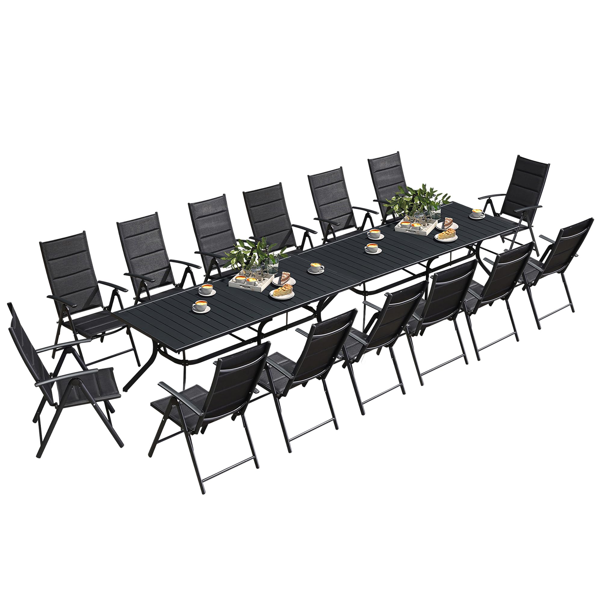 **PURPLE LEAF 16-Piece Outdoor Dining Set – 2 Large Aluminum Rectangle Patio Tables & 14 Padded Folding Lawn Chairs – Modern Black Patio Furniture for Deck, Garden, Yard – Perfect for BBQs, Parties & Outdoor Entertaining**