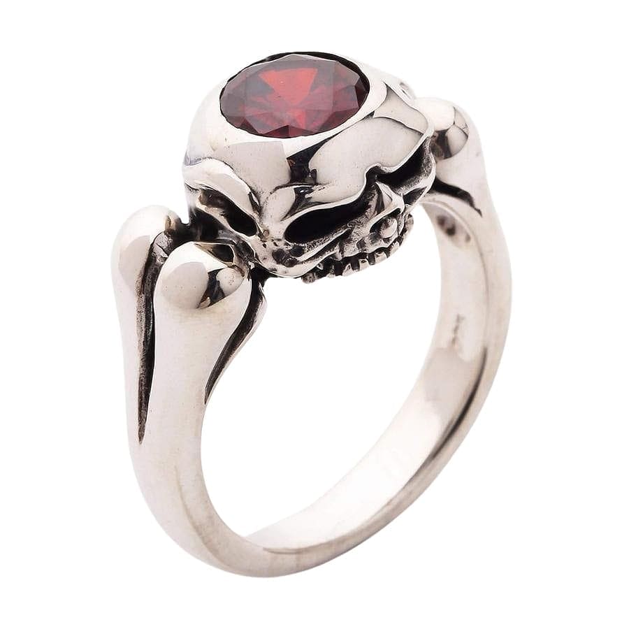 Gothic Garnet Skull Bone Sterling Silver Wedding Ring for Men & Women - Dark Elegant Jewelry for Gothic Weddings, Halloween, Punk Fashion & Alternative Style