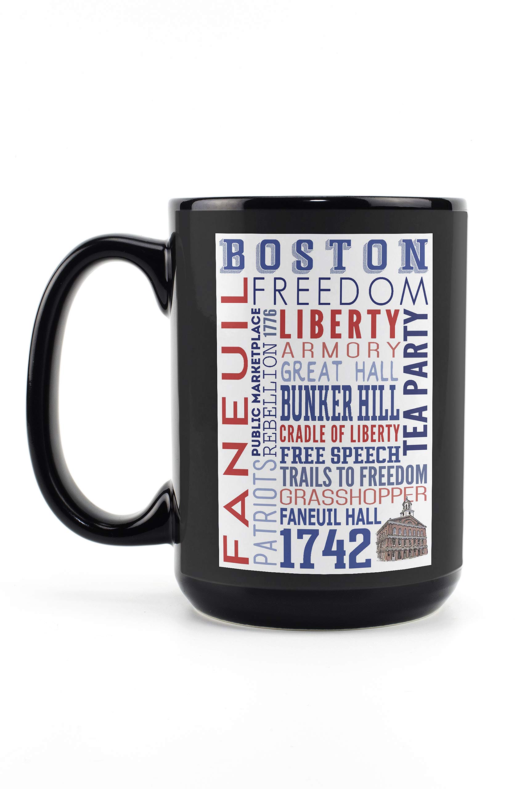 Lantern Press Boston Massachusetts Typography Faneuil Hall 15oz Black Ceramic Coffee Mug - Microwave & Dishwasher Safe - Perfect for Home, Office & Gifts