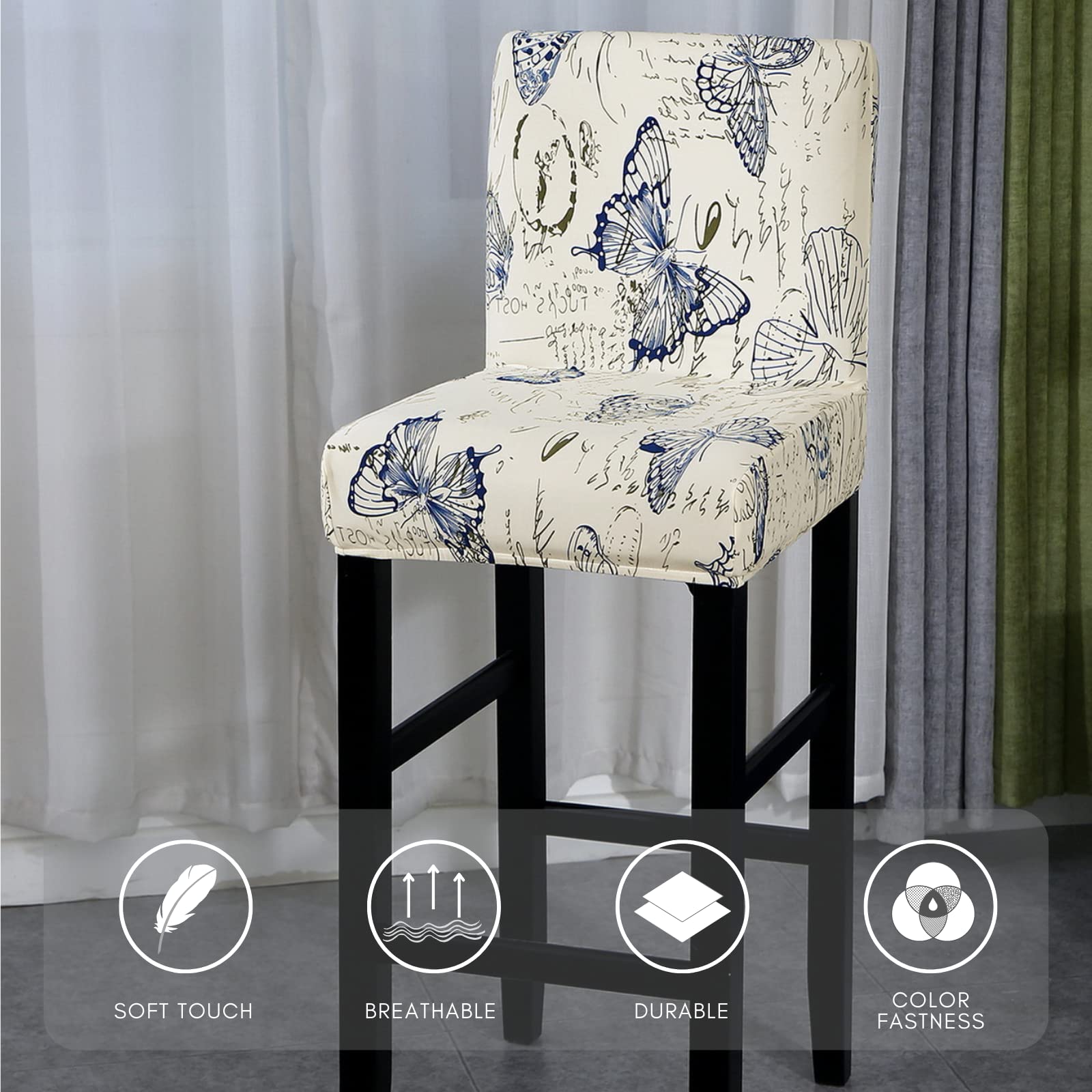 Stretch Washable Bar Stool Covers Set of 4 - Counter Height Chair Seat Covers for Kitchen, Dining Room & Cafe - Floral Butterfly Design - Perfect for Home Decor, Restaurant Upgrade & Indoor/Outdoor Use