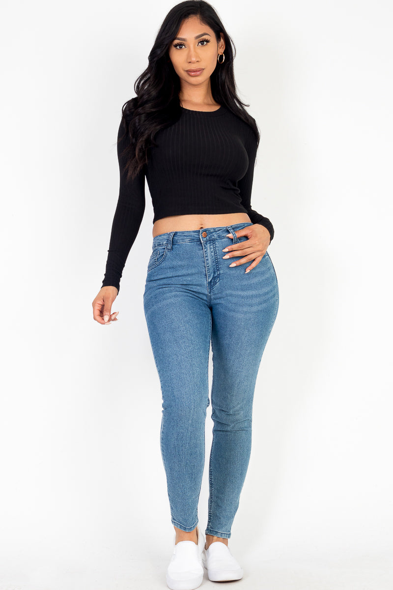 Women's Long Sleeve Round Neck Basic Crop Top - Soft Stretchy Casual T-Shirt for Layering, Workout, Yoga & Everyday Wear