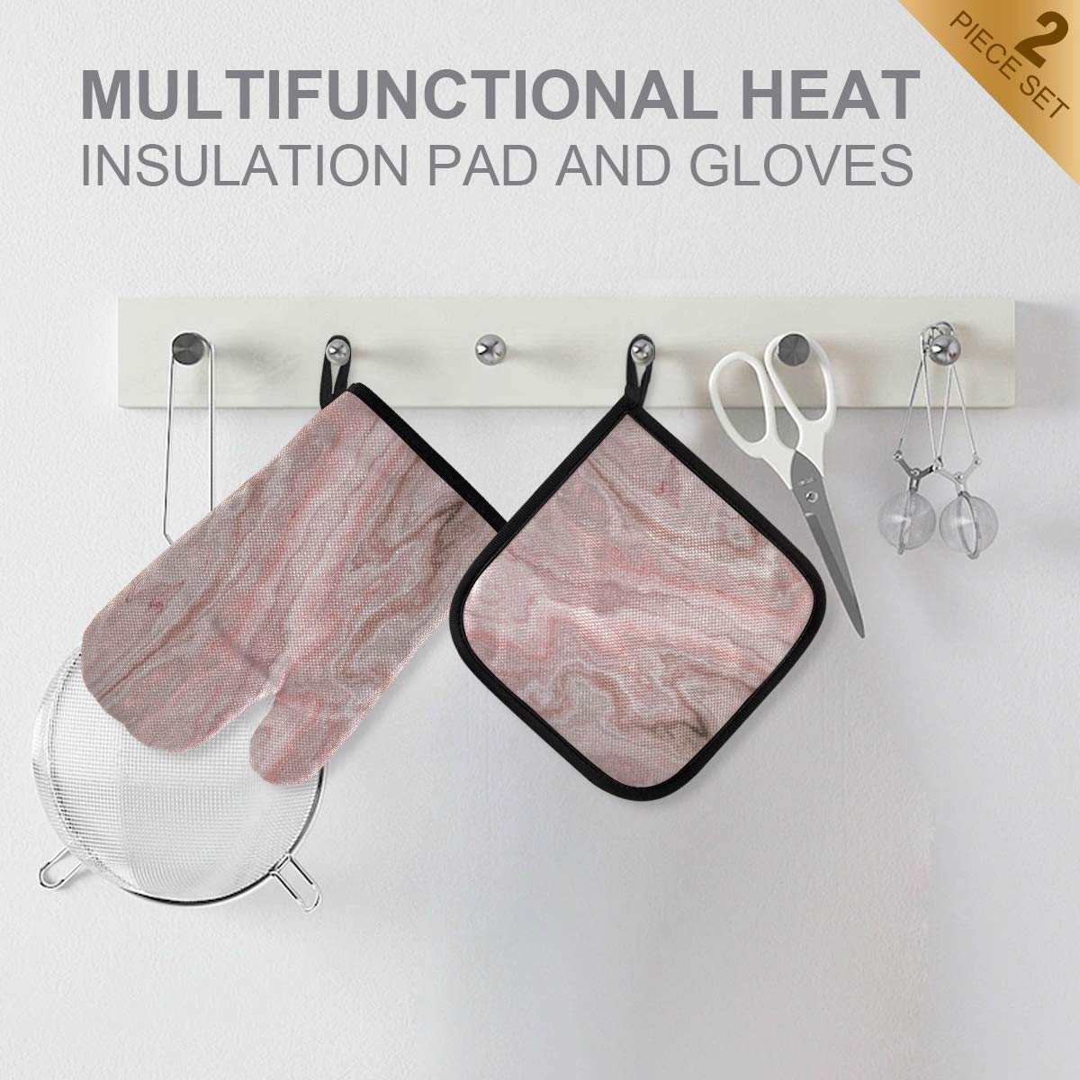 Heat Resistant Oven Mitts and Pot Holders Set - Rose Gold Marble Pink Non-Slip Kitchen Gloves for BBQ, Grilling, Baking, Cooking, Oven & Microwave - Perfect for Home Kitchen, Camping & Outdoor Cooking