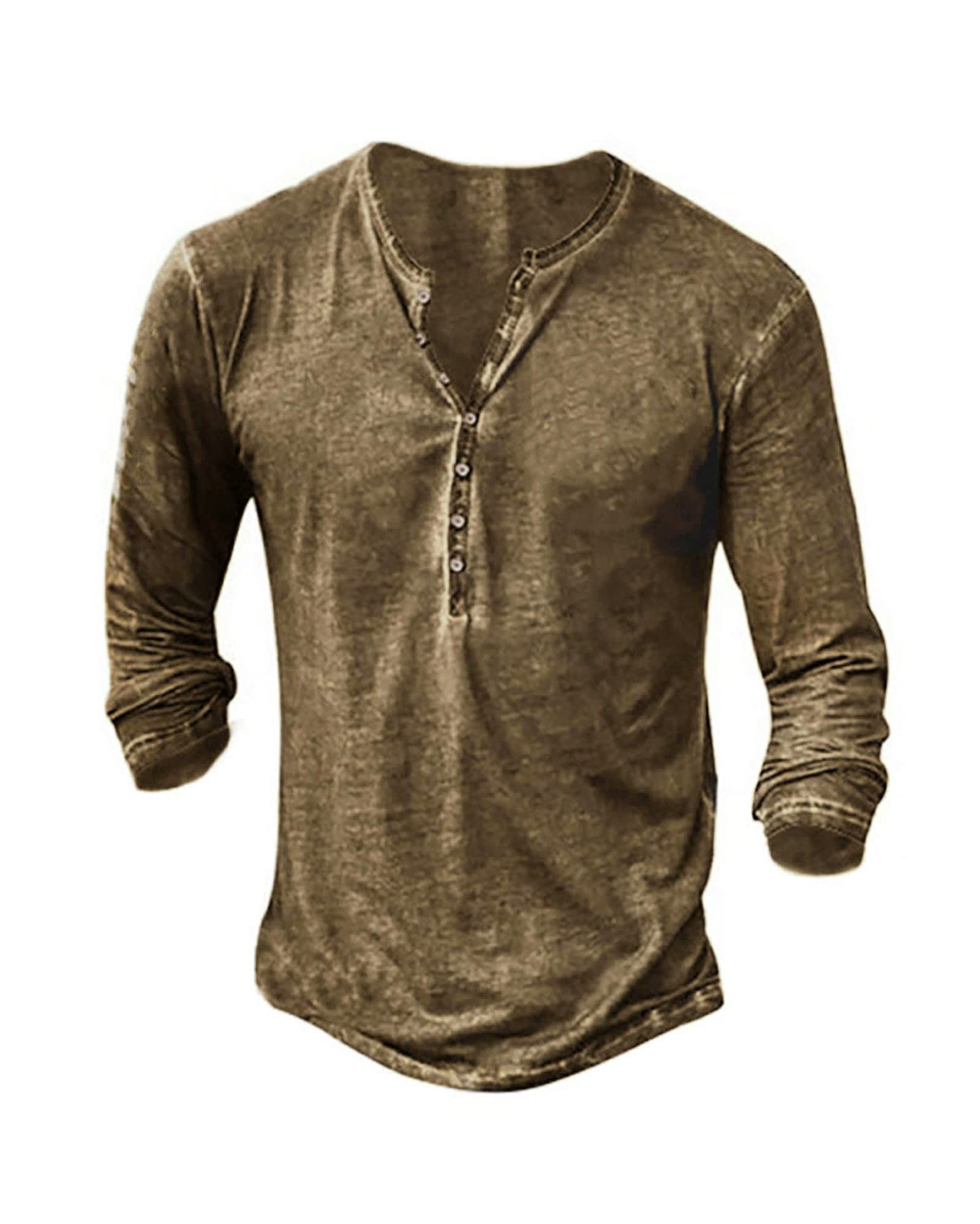 Vintage Distressed Henley Shirt for Men - Long Sleeve Button Down Placket Casual Tee | Retro Washed Cotton Shirt for Everyday Wear & Outdoor Activities