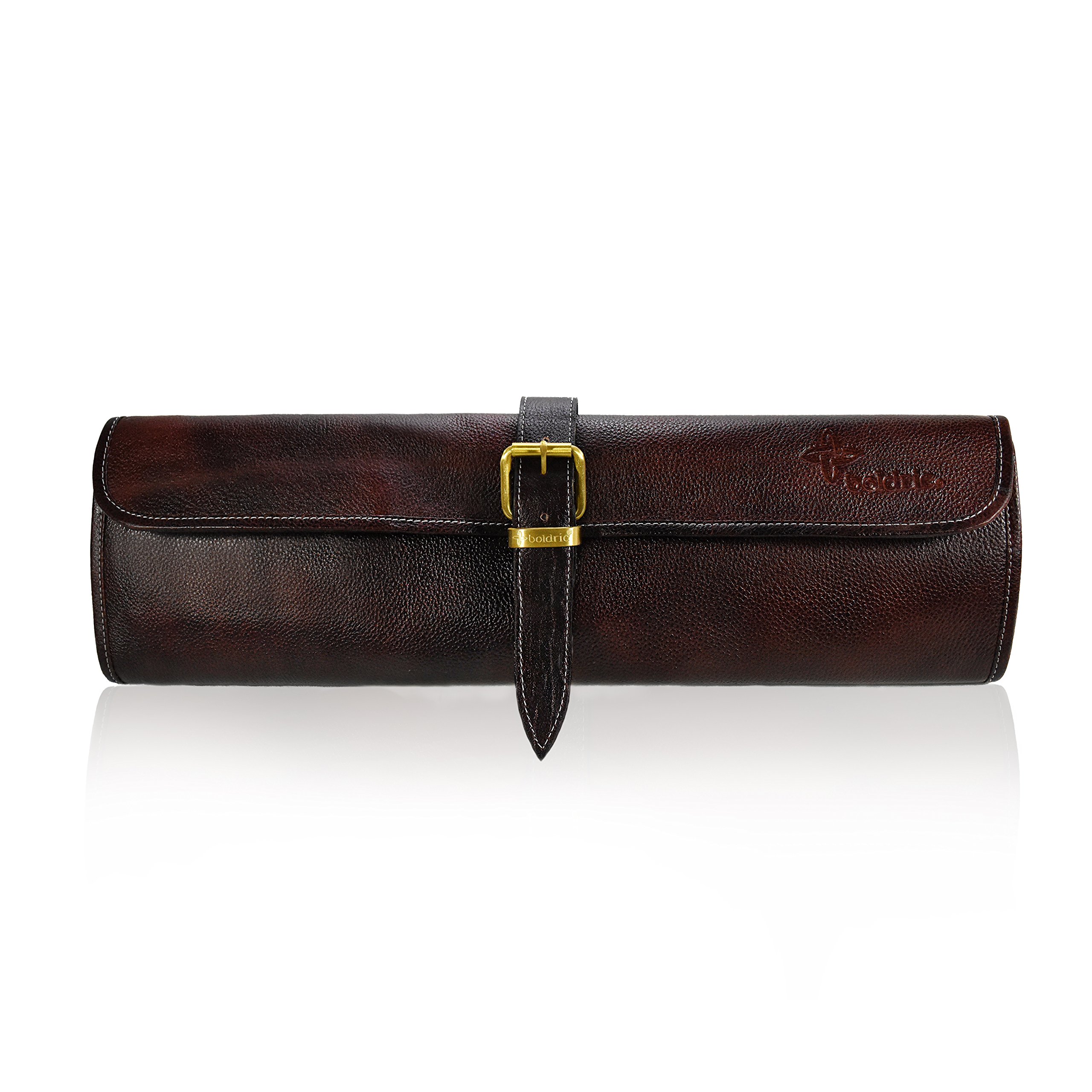 Boldric One Buckle Water Buffalo Leather Chef Knife Bag - Professional Grade Roll Travel Knife Case with 8 Tool Holder Slots for Knives, Pens, Pencils & Spoons (Dark Brown) - Perfect for Chefs, Culinary Students & Professional Cooks Traveling with Kitchen Tools