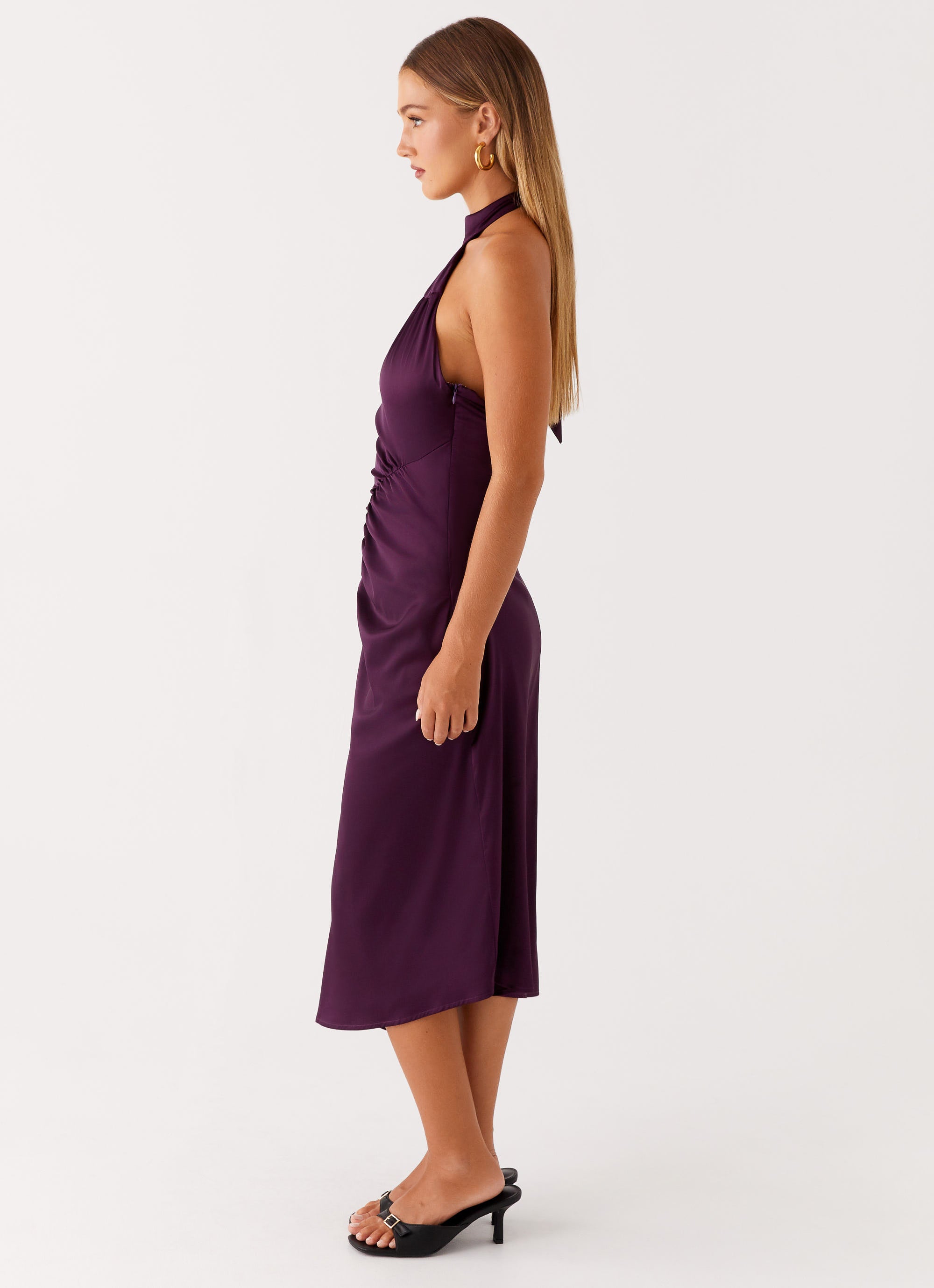 Casta Halterneck Midi Dress for Women - Elegant Plum Color, Flowy Summer Dress for Beach, Party & Date Night