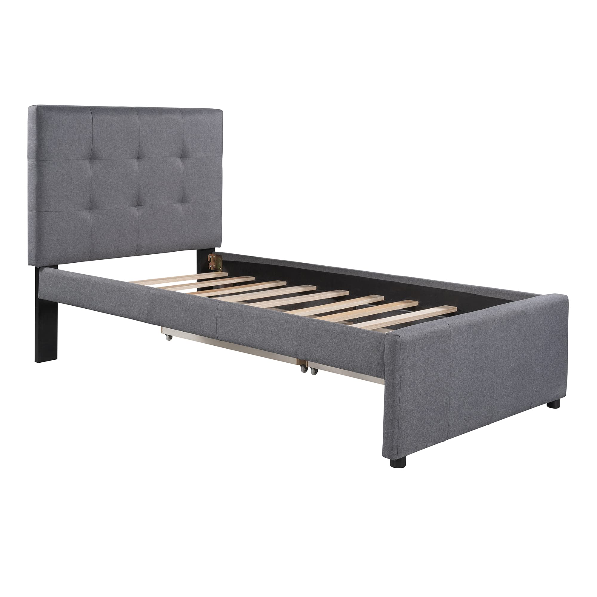 Quarte Linen Upholstered Platform Bed with Headboard - Twin Size Bed Frame with 2 Rolling Storage Drawers & Wooden Slats Support - No Box Spring Needed - Perfect for Kids & Adult Bedrooms (Gray) | Modern Space-Saving Bedroom Furniture for Small Rooms & Apartments