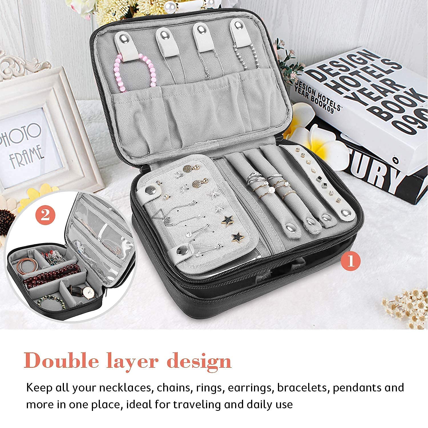 ProCase Travel Jewelry Organizer Case with 3 Stackable Trays - Jewelry Storage Box for Necklaces, Rings & Earrings - Perfect for Travel, Dresser Drawer & Vanity Organization