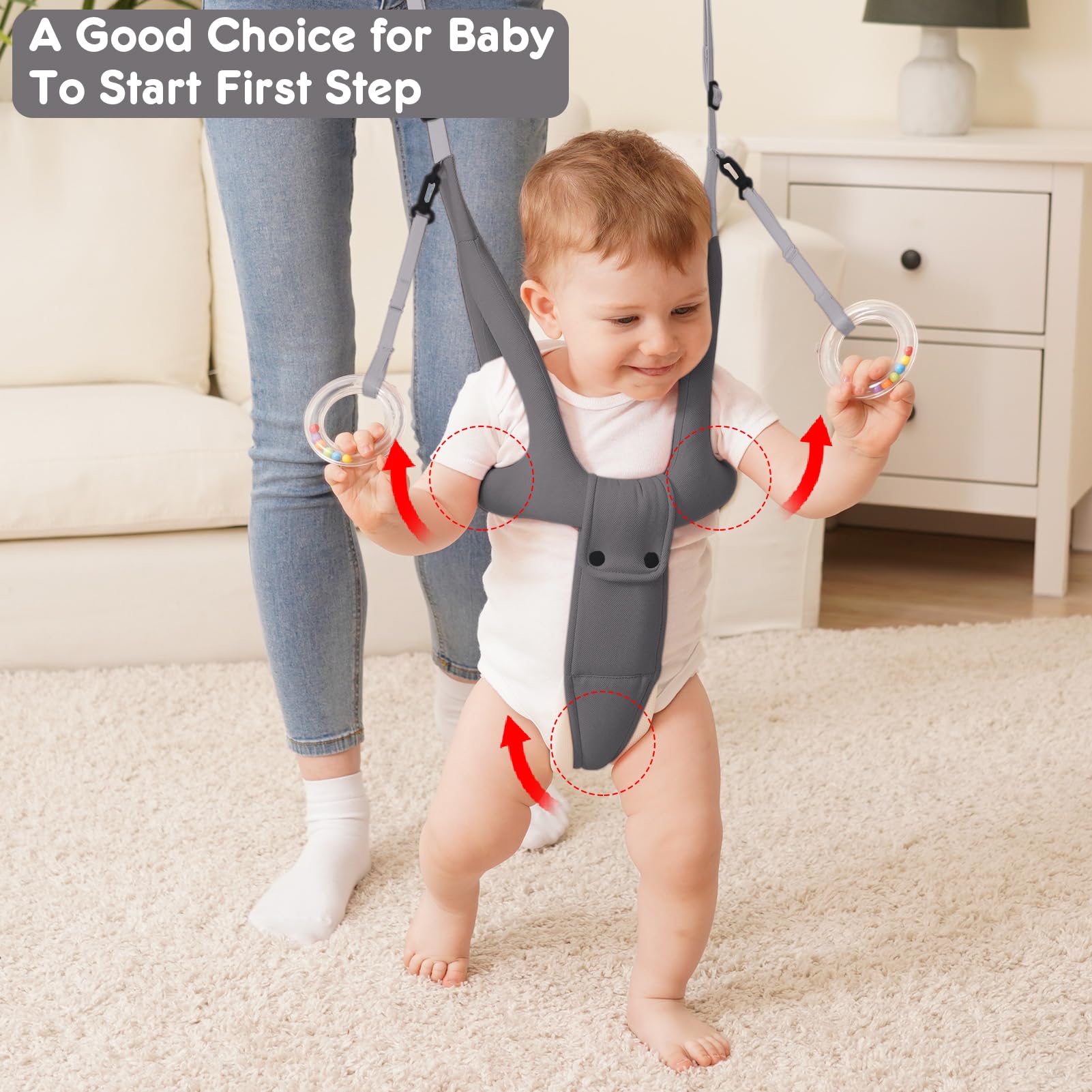 Baby Walking Harness for 8-16 Months - Adjustable Infant Toddler Walker Assistant Belt with Handheld Support - Safe Standing & Walking Aid for Babies (Gray) - Perfect for First Steps & Indoor/Outdoor Learning