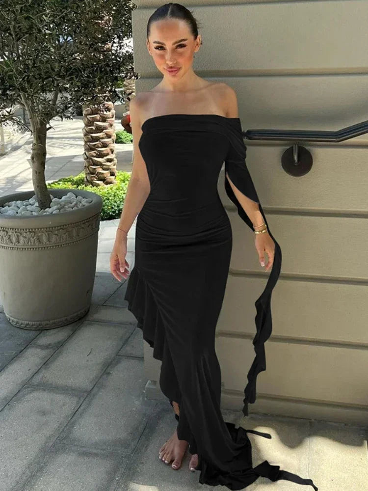 Elegant Asymmetrical Ruffle Long Maxi Dress for Women - White & Black Party Outfits, Birthday Dresses, Formal Evening Wear & Special Occasion Attire