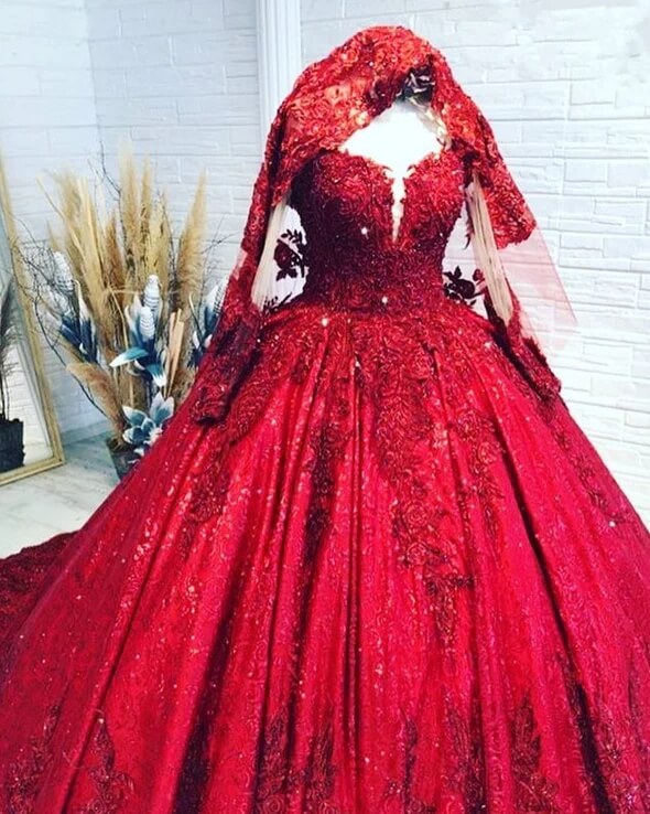 Elegant Red Ball Gown with Long Sleeves, Sequins & Lace - Perfect for Wedding, Quinceañera & Special Occasions