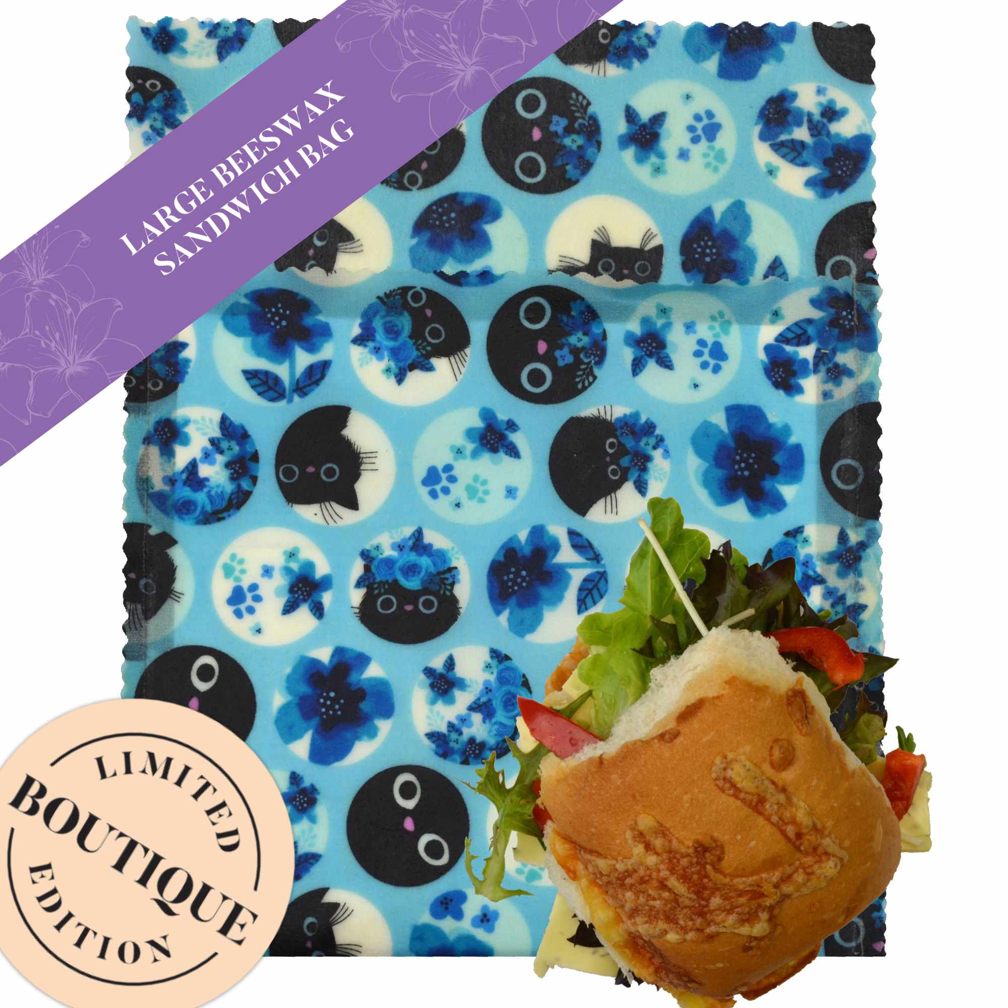 Pretty Kitty Large Sandwich Bags - Reusable & Leak-Proof Food Storage Bags for Lunches, Snacks, and Meal Prep