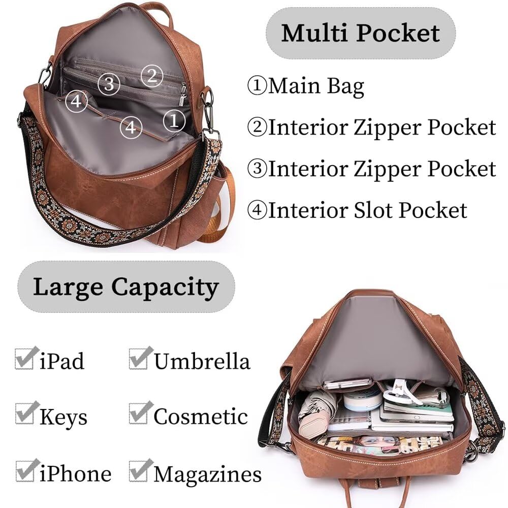Stylish Vegan PU Leather Backpack for Women - Large Anti-Theft School & Travel Rucksack - Waterproof Shoulder Bag for Hiking, Work & Daily Commute - Fashionable Brown Handbag