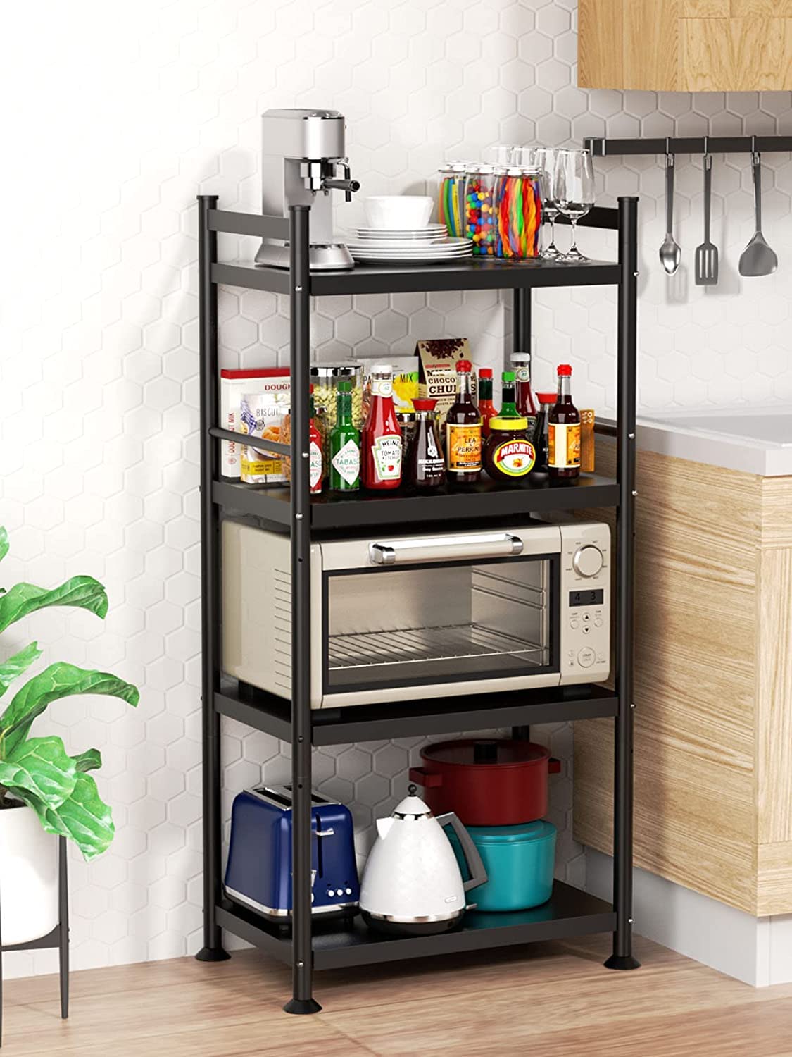 Heavy Duty 4-Tier Metal Kitchen Baker's Rack with Wheels - XL200 Black Storage Shelving Unit (23.6