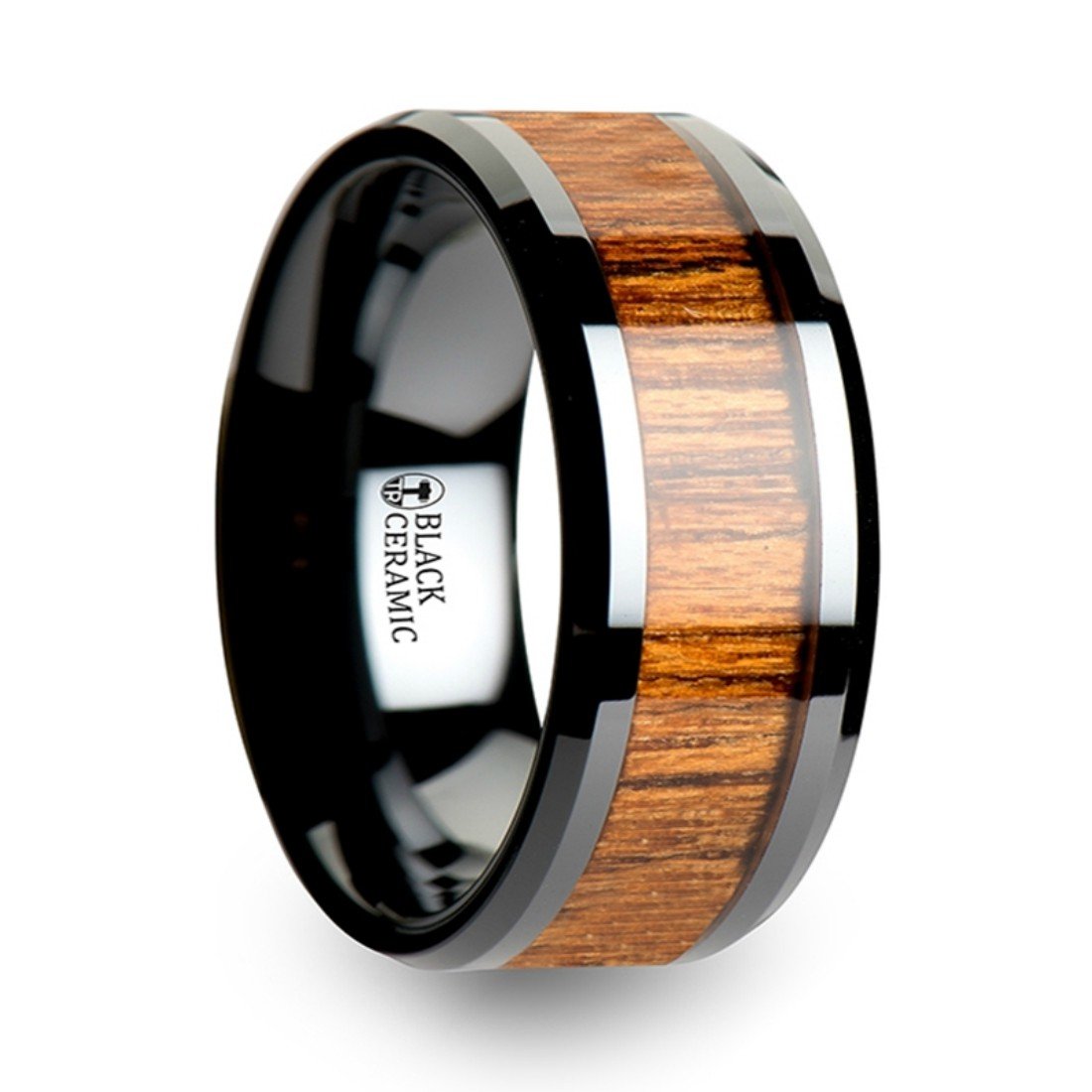 Genuine Koa Wood & Black Ceramic Men's Wedding Band - 12mm Wide Beveled Edge Ring for Him, Handcrafted Hawaiian Acacia Wood Inlay - Perfect for Anniversaries, Engagements & Special Occasions