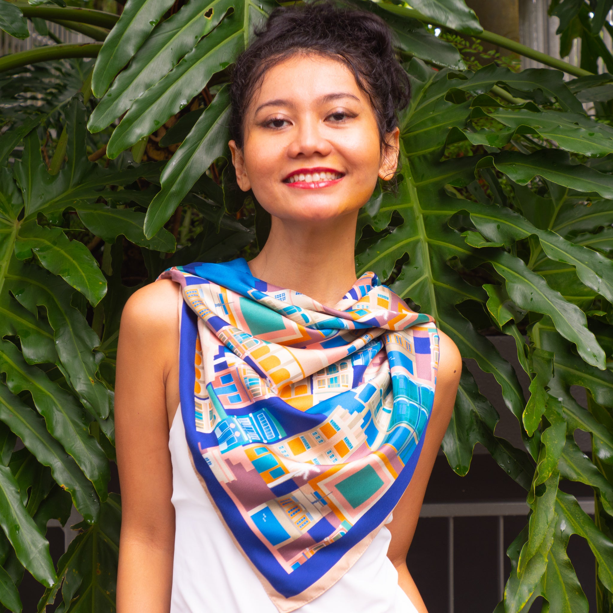Premium Silk Scarf for Women - Luxury Singapore Shophouses Design - Elegant Fashion Accessory for Office, Wedding & Special Occasions