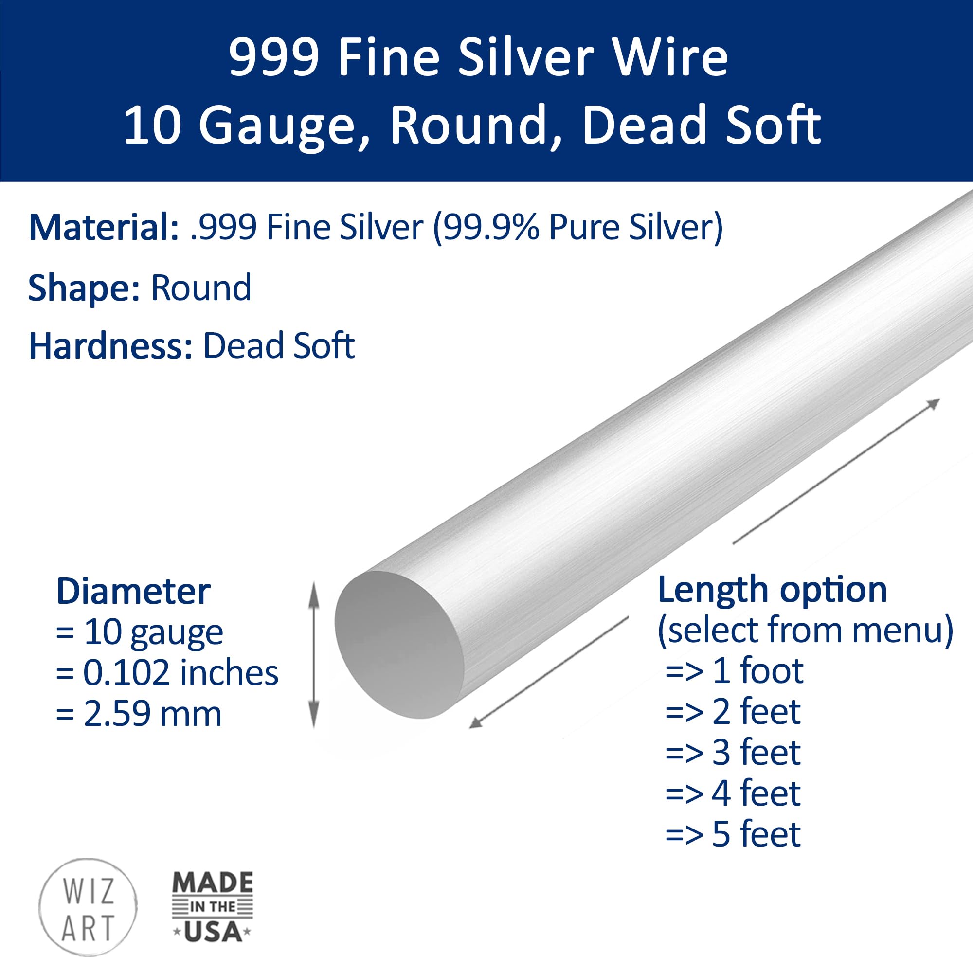 10 Gauge 999 Fine Pure Silver Wire Round Dead Soft - 5 Feet Jewelry Making Supplies for DIY Bracelets, Necklaces & Crafting Projects - WIZART