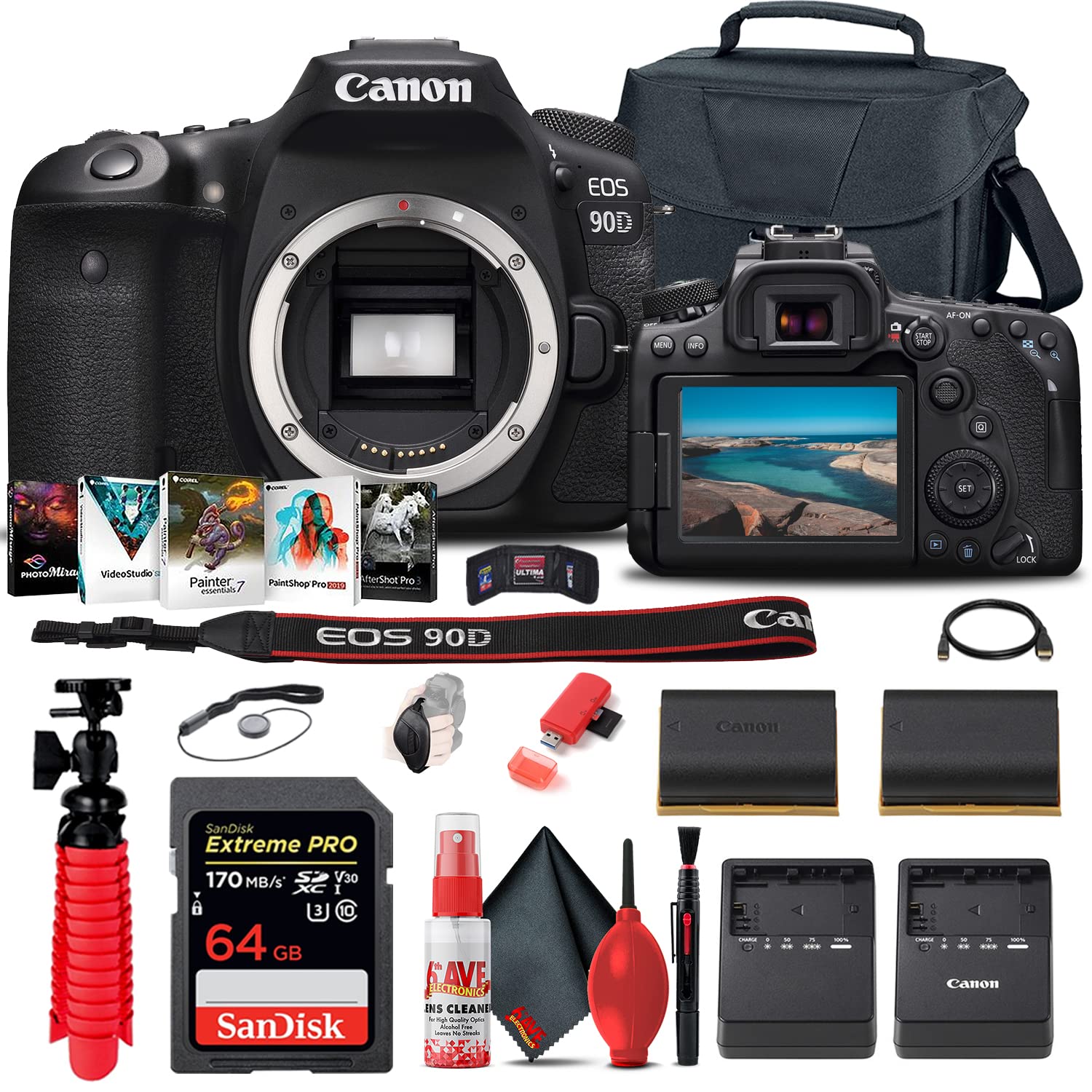Canon EOS 90D DSLR Camera Body Only (Renewed) with 64GB Memory Card, Case, Corel Photo Software, Battery & Accessories Kit - Perfect for Travel Photography, Vlogging & Professional Shooting