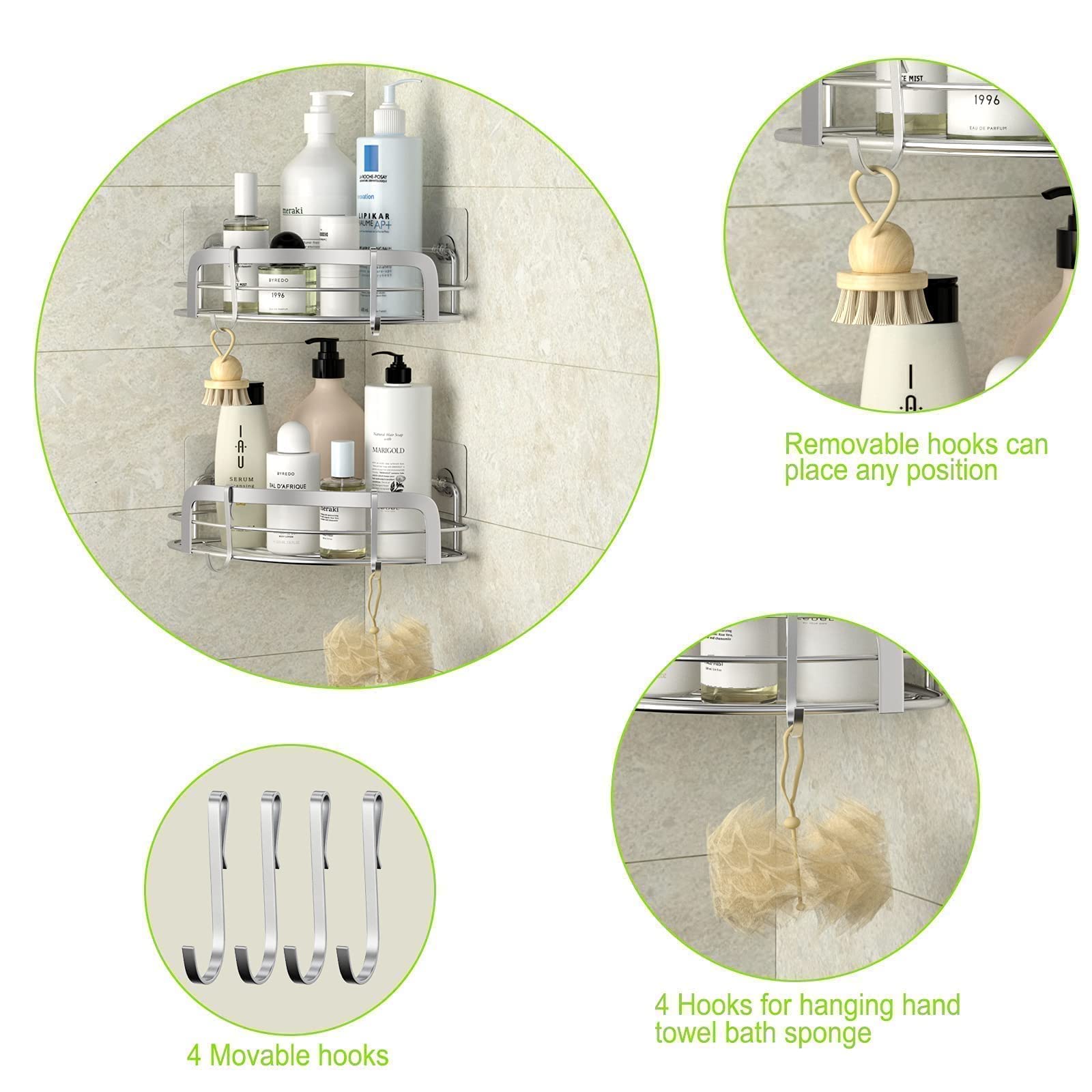 STEUGO 2 Pack Corner Shower Caddy - No Drill Adhesive Wall Mounted Bathroom Shelf with 4 Adjustable Hooks - Rustproof Stainless Steel Storage Organizer for Shampoo, Soap & Bath Accessories - Perfect for Small Showers, Apartments & Dorm Rooms