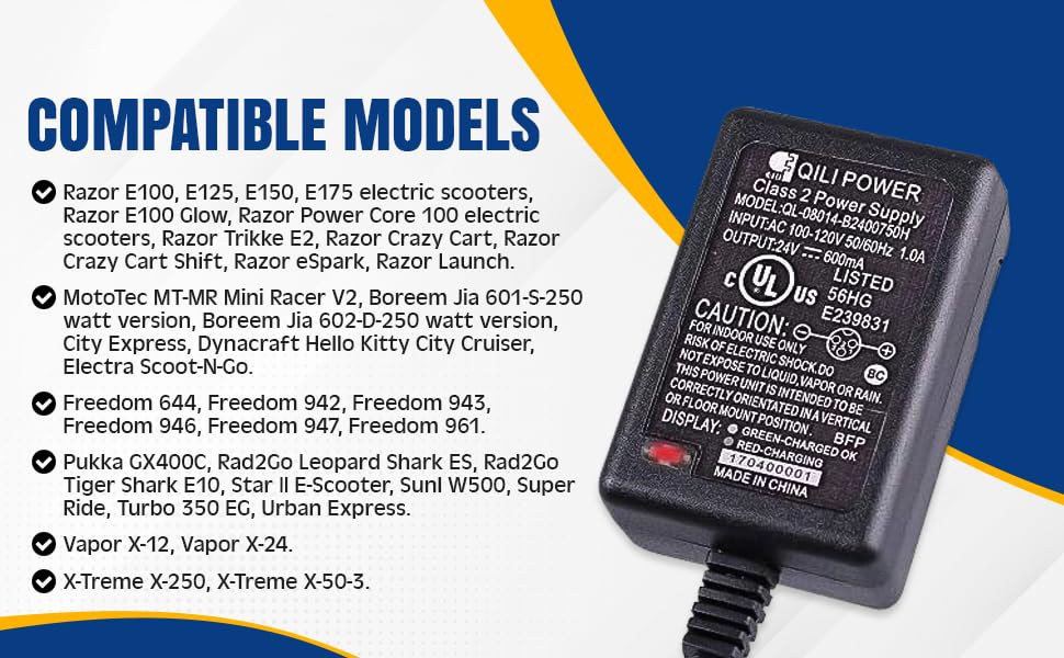 Original 24V 600mA Battery Charger for Razor E100 E125 E150 E175 Electric Scooter - Compact Replacement Charger for Crazy Cart eSpark - Perfect for Home, Park & Neighborhood Riding