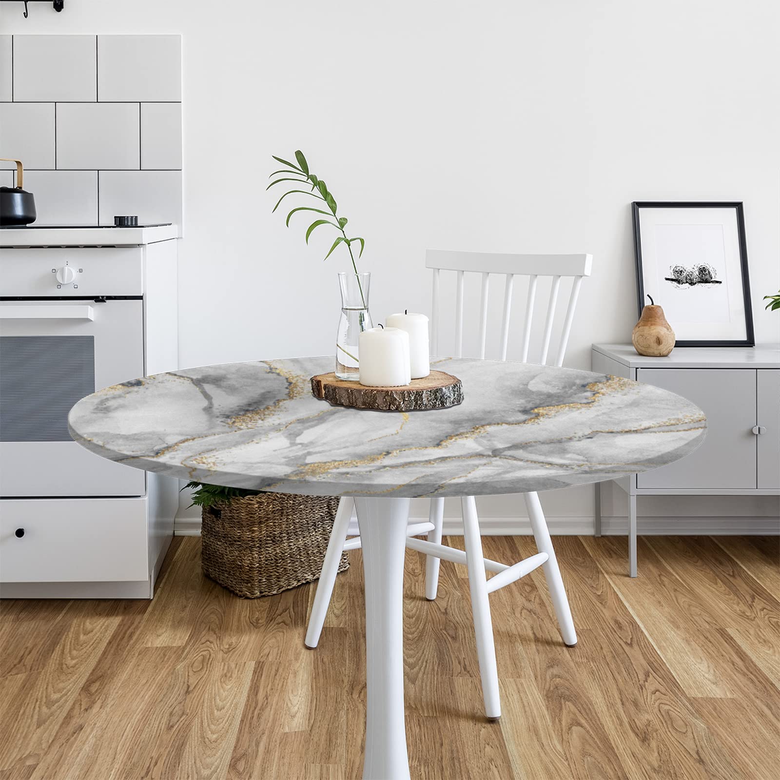 Waterproof White Grey Marble Round Tablecloth with Elastic Edge - Wipeable Fitted Table Cover for Dining, Kitchen, Party (45