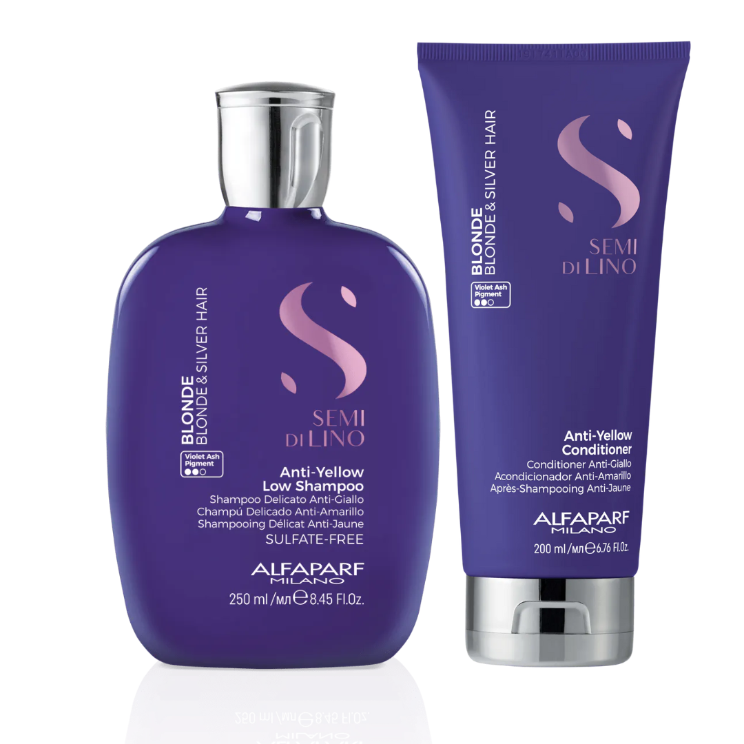 Alfaparf Milano Semi Di Lino Anti-Yellow Shampoo & Conditioner Set - 250ml Low Shampoo + 200ml Conditioner for Blonde & Gray Hair - Neutralizes Brassiness for Vibrant, Cool-Toned Hair at Home Salon