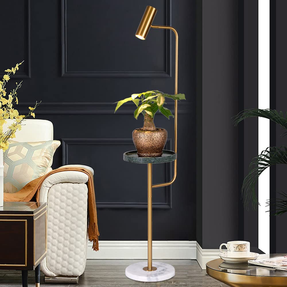 Modern Farmhouse Floor Lamp with End Table & Adjustable LED Light - Marble Shelf Standing Lamp for Living Room, Bedroom, Reading Nook | Cozy Home Lighting & Study Corner Decor