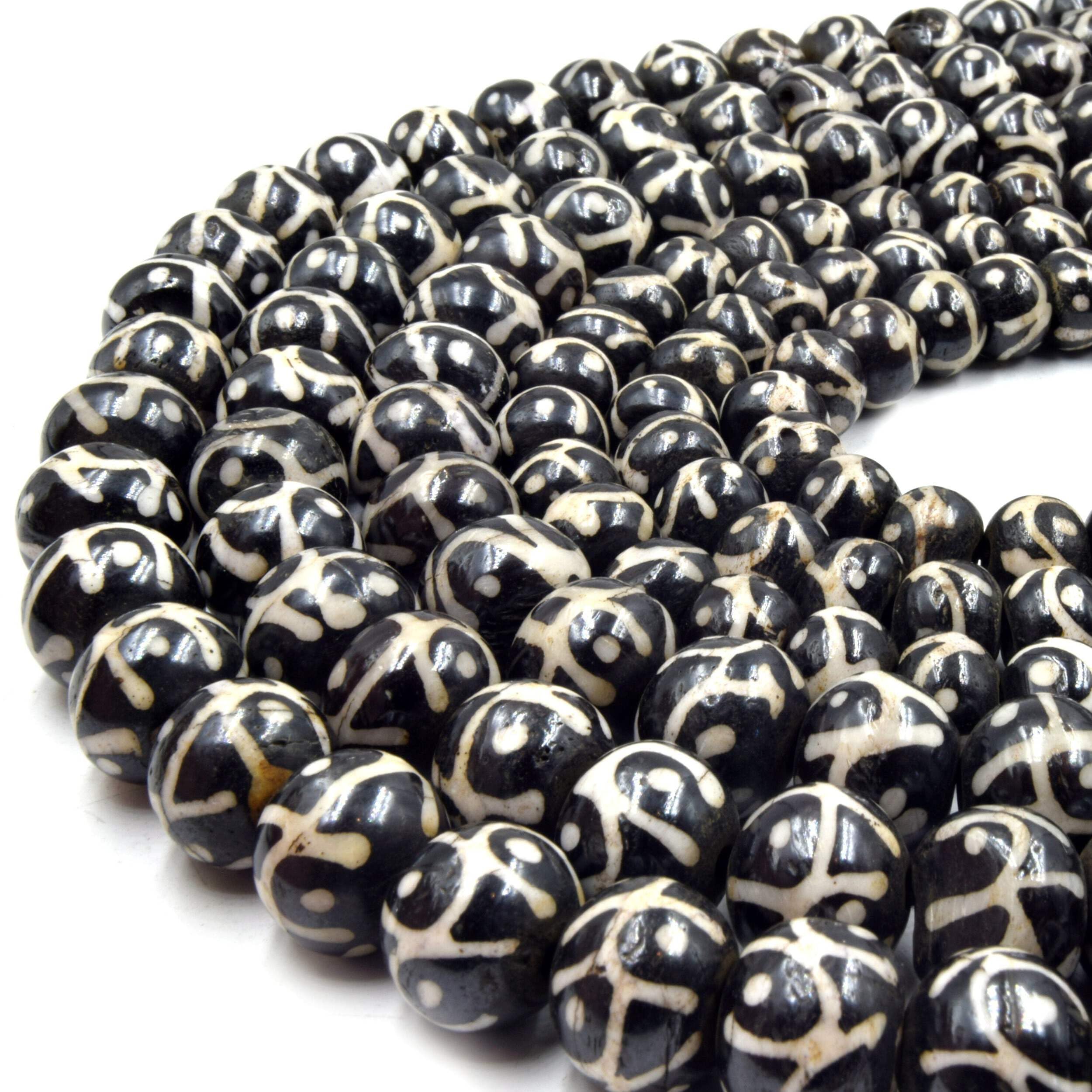 Batik Ox Bone Rondelle Beads 14mm - Black Brown Tribal Swirl with Dot Painted Bone Beads for Jewelry Making, DIY Crafts, and Bohemian Accessories - Perfect for Necklaces, Bracelets, and Earrings