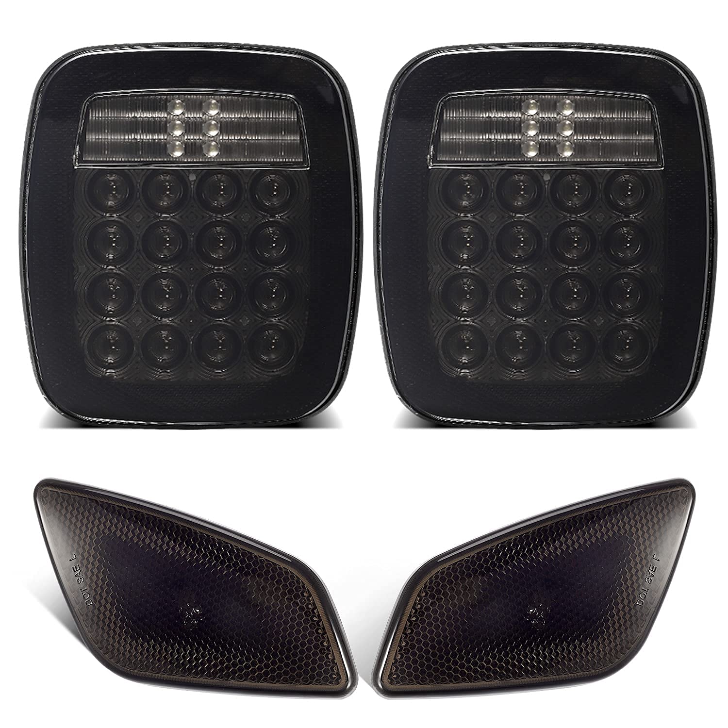 Partsam LED Light Kit for Jeep Wrangler TJ - Smoke Lens Square Tail Lights & Amber Front Fender Marker Lights Replacement Pair | Off-Road, Night Driving & Custom Jeep Accessories