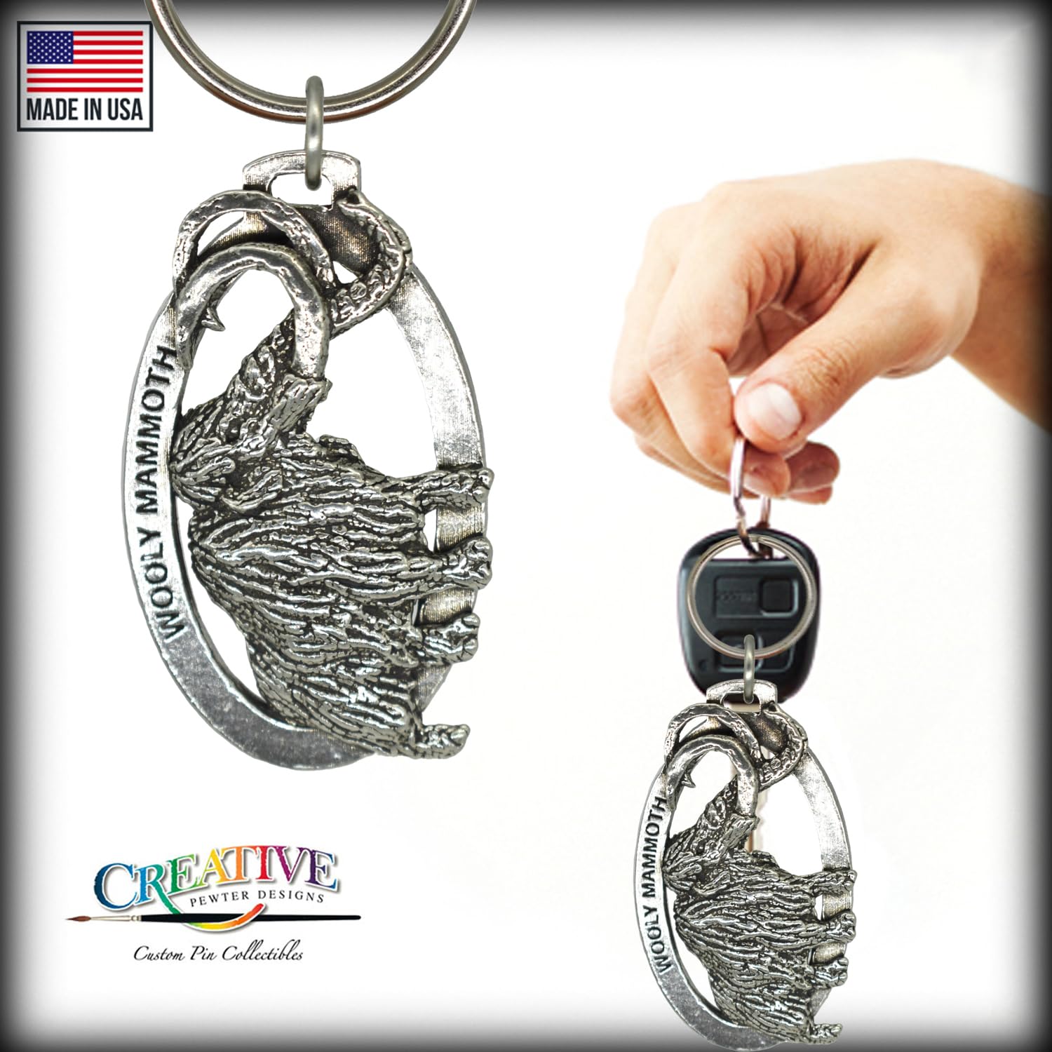 Handmade Pewter Wooly Mammoth Keychain - 2