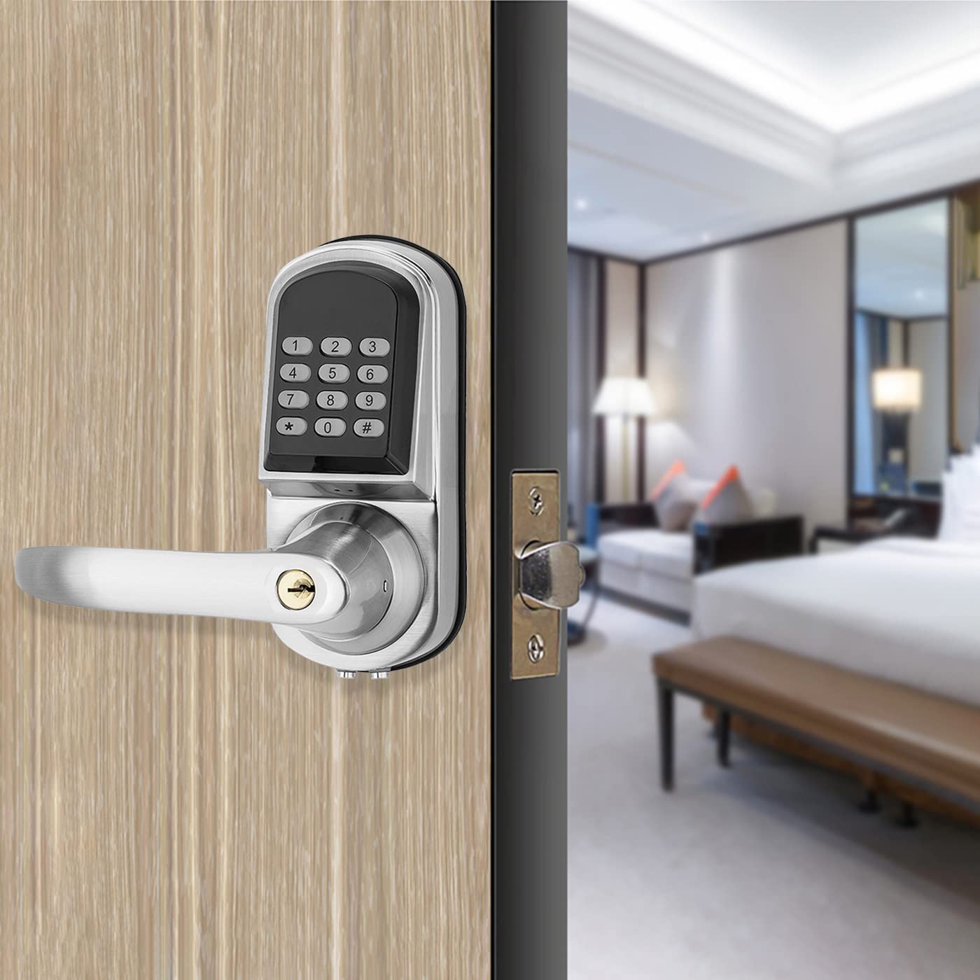 Smart Keyless Entry Auto-Lock Door Handle with Keypad & FOB Card - Left Handed Installation for Front Door Security | Perfect for Homes, Apartments & Vacation Rentals