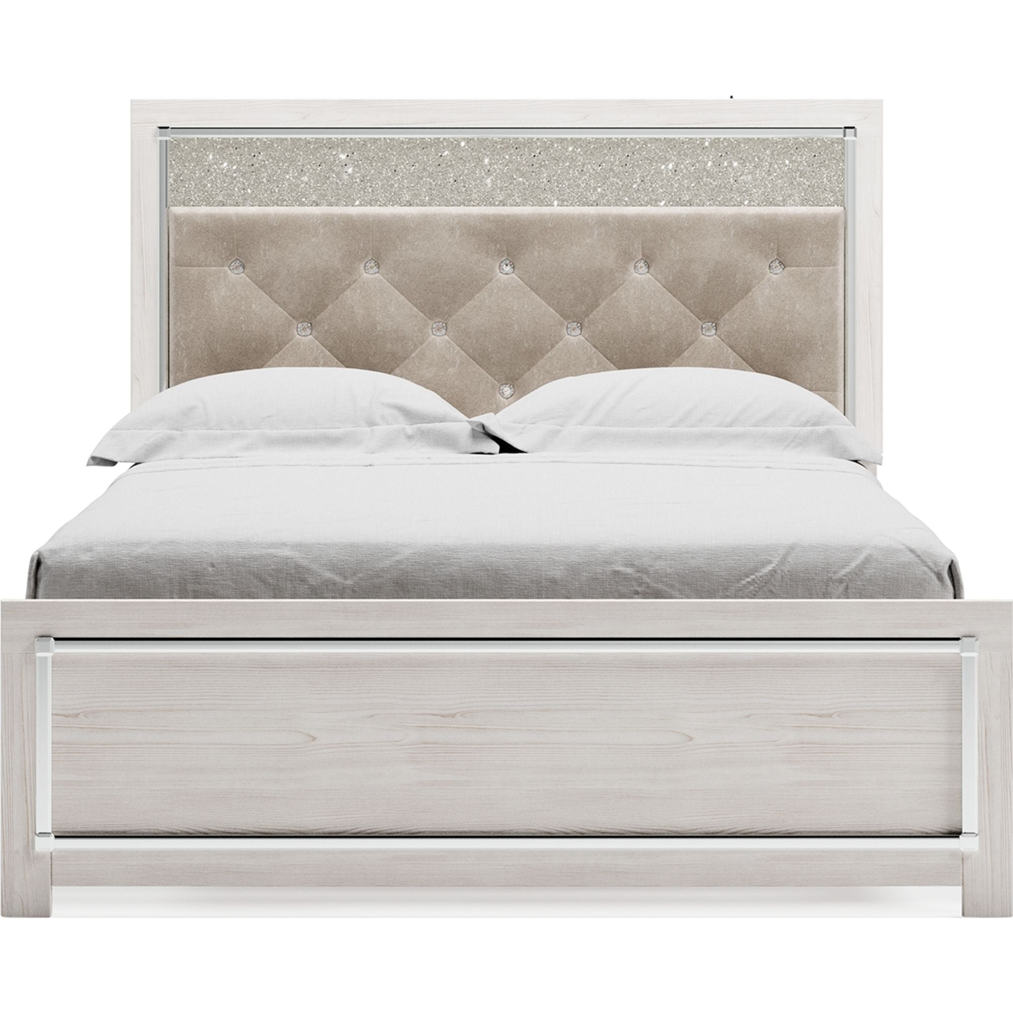 Altyra White Panel Bed Frame - Queen Size, Modern Platform Bed with Upholstered Headboard for Bedroom Decor